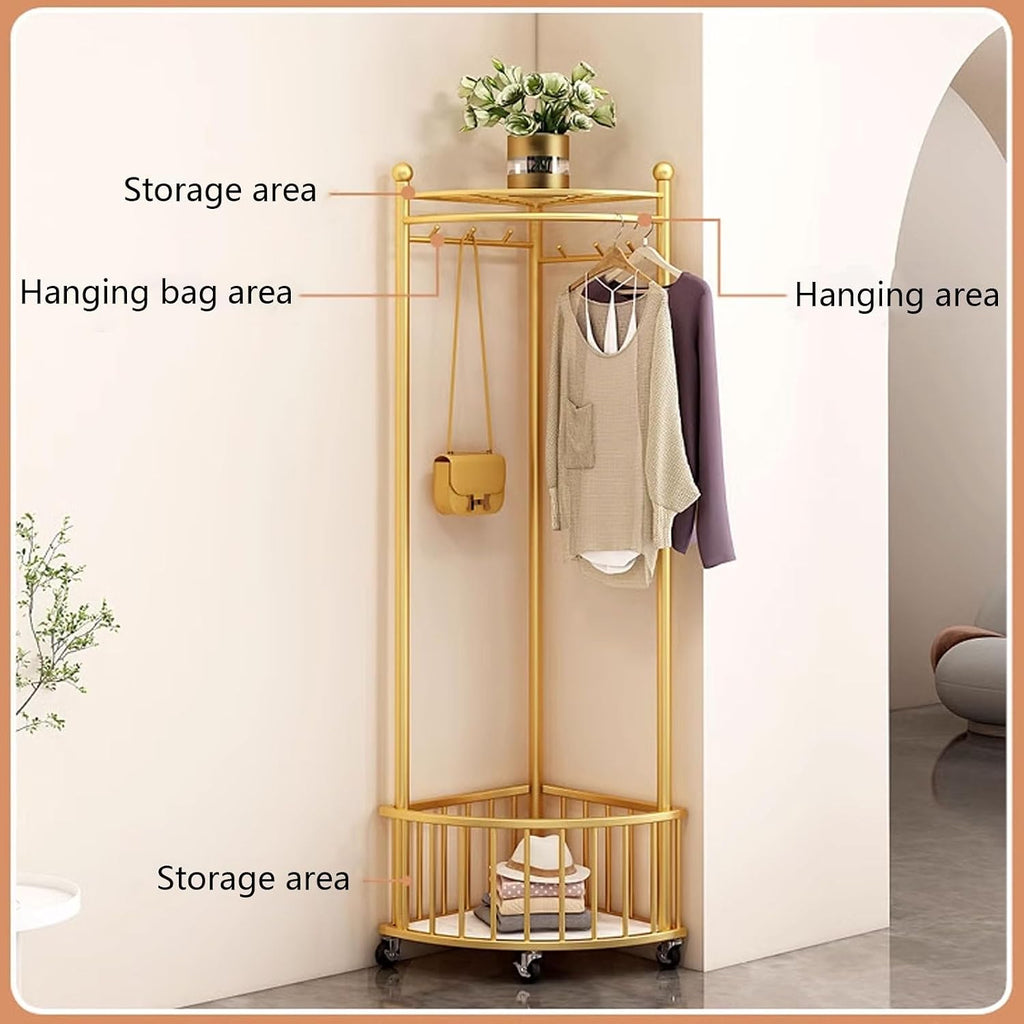 Standing Clothe Rack Corner Clothing Rack Free Standing Garment Hanging Rails Coat Rack Stand with Storage Basket/Wheel Portable Clothes Rack, for Dresses, Coats, Shirts (Color : White)