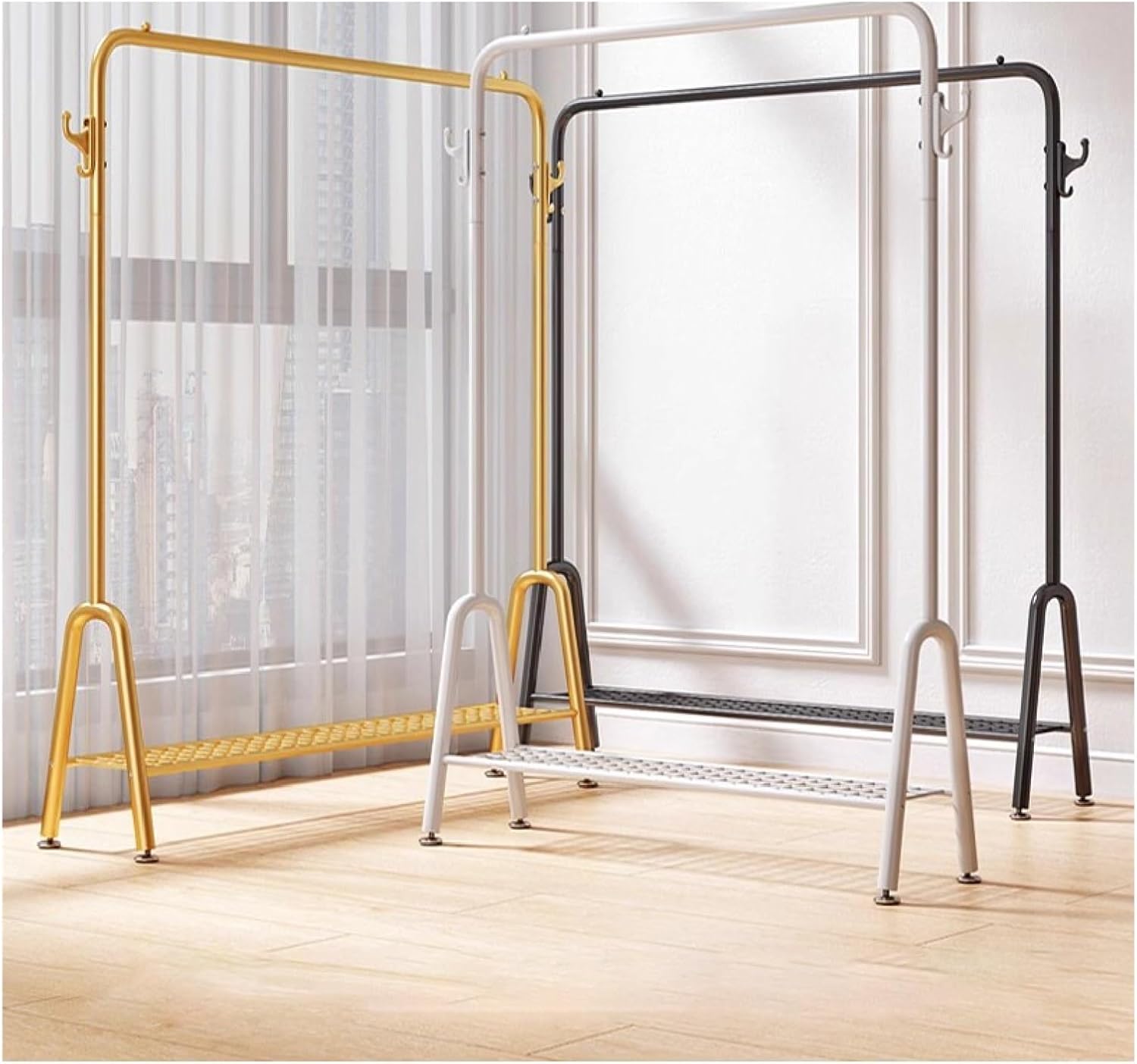Heavy Duty White Metal Clothes Rail with Shelves Free Standing Garment Rack for Boutique Store Clothes nizer