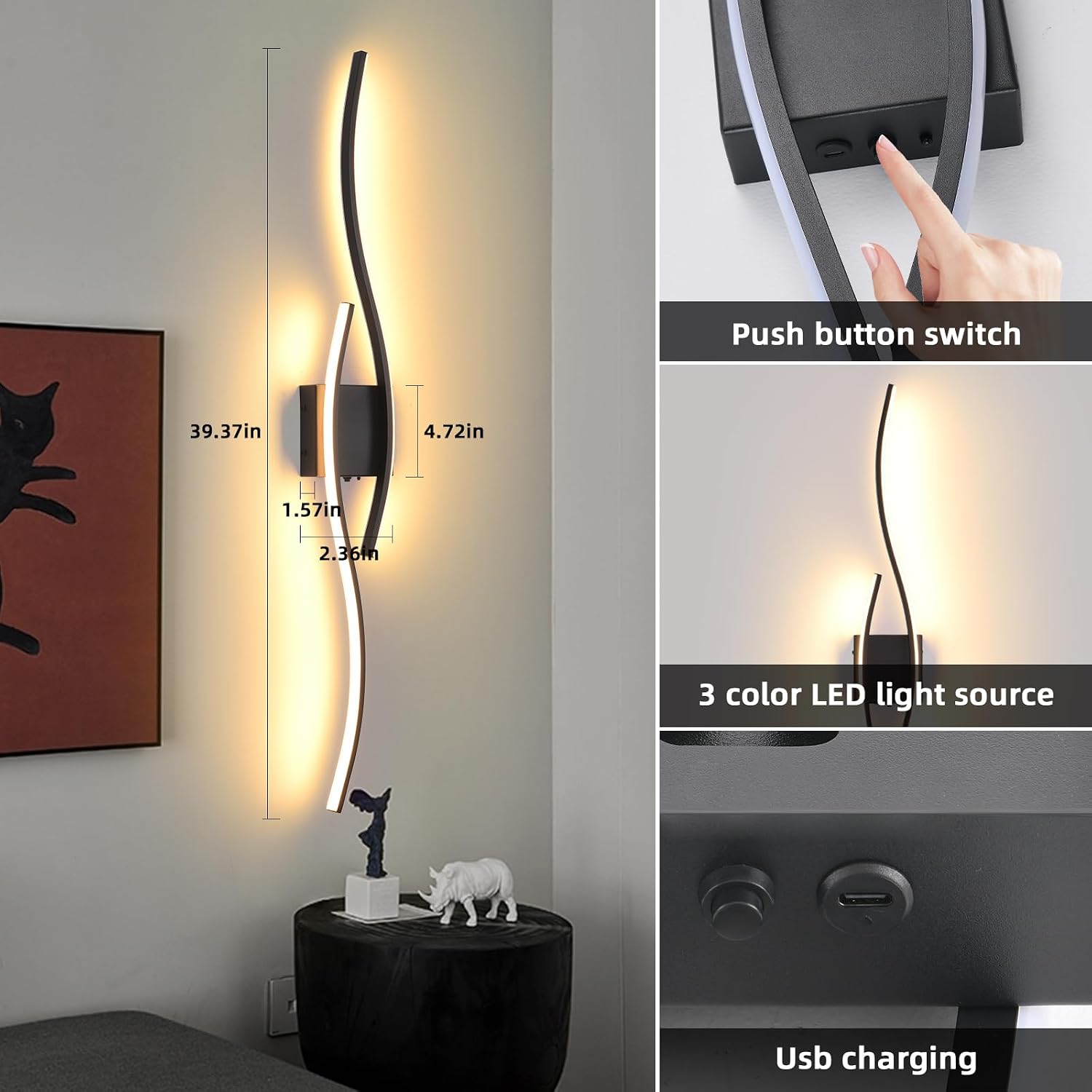 Battery Operated Wall Sconces Set Of Two, 3000K-6500K 39.4 inch black LED dimmable wireless wall sconce with remote control, USB rechargeable wall lights for Living Room Bedroom Hallway Background