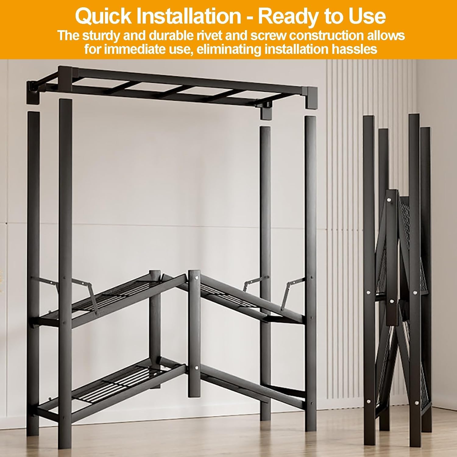 Foldable Closet With Cover,Heavy Duty Clothes Rack,Portable Wardrobe Closet For Hanging Clothing,Black Metal Garment Rack, Freestanding Covered Armoire Coat Storage(Brown,160x48x172cm)