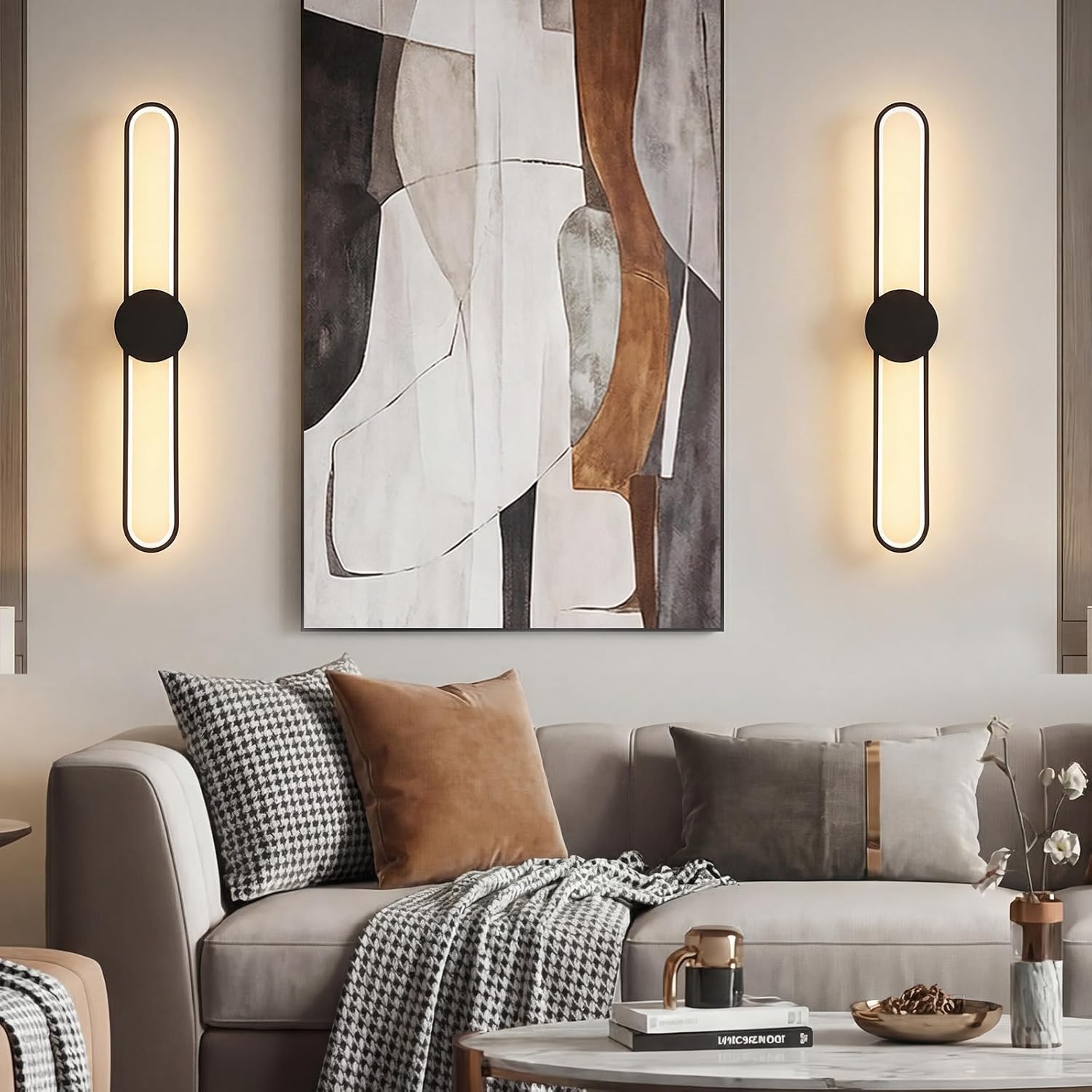 Battery Operated Wall Sconces Set of Two,31.4in Wireless Modern Wall lamps for living room,15000mah Rechargeable LED Wall Lights with Remote,3 Color Dimmable Black Wall Sconce for Bedroom,Hallway.