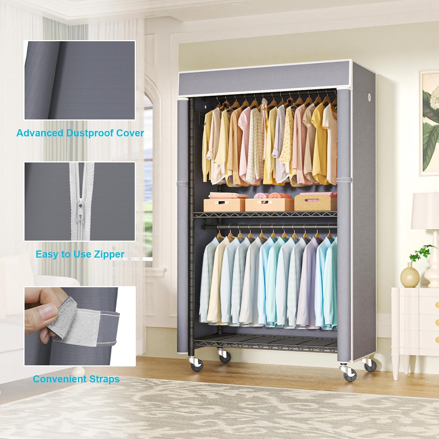 FUTASSI Black Clothing Rack with Grey Cover, P1C Rolling Closets with Wheels, Metal Garment Rack for Hanging Clothes, Clothing Storage Wardrobe, 36.2' W x 16.5' D x 80.5' H, Load 450 Pounds