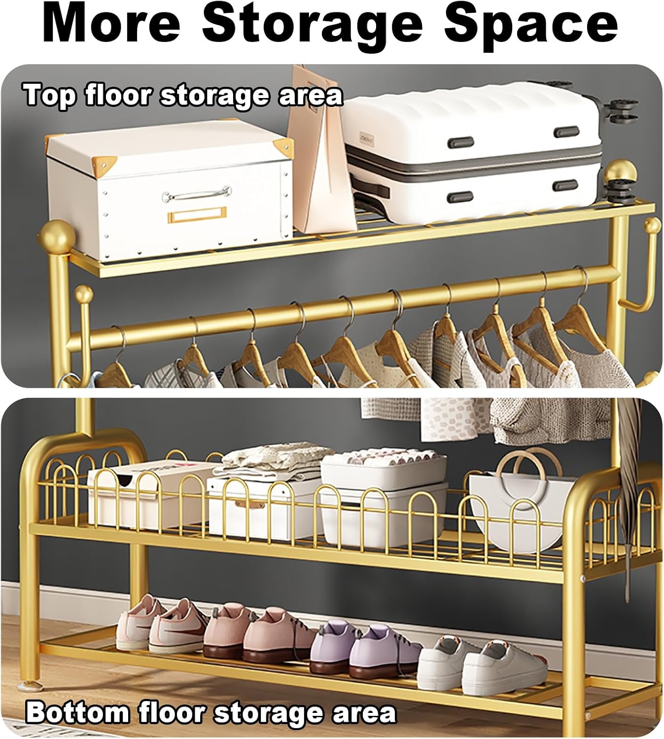 Clothes Rack, Metal Clothing Racks, Mobile Garment Rack With Storage Shelves, Freestanding Clothing Organizer, For Hanging Clothes Coats Skirts Shirts Sweaters(Gold,60cm/23.6in)