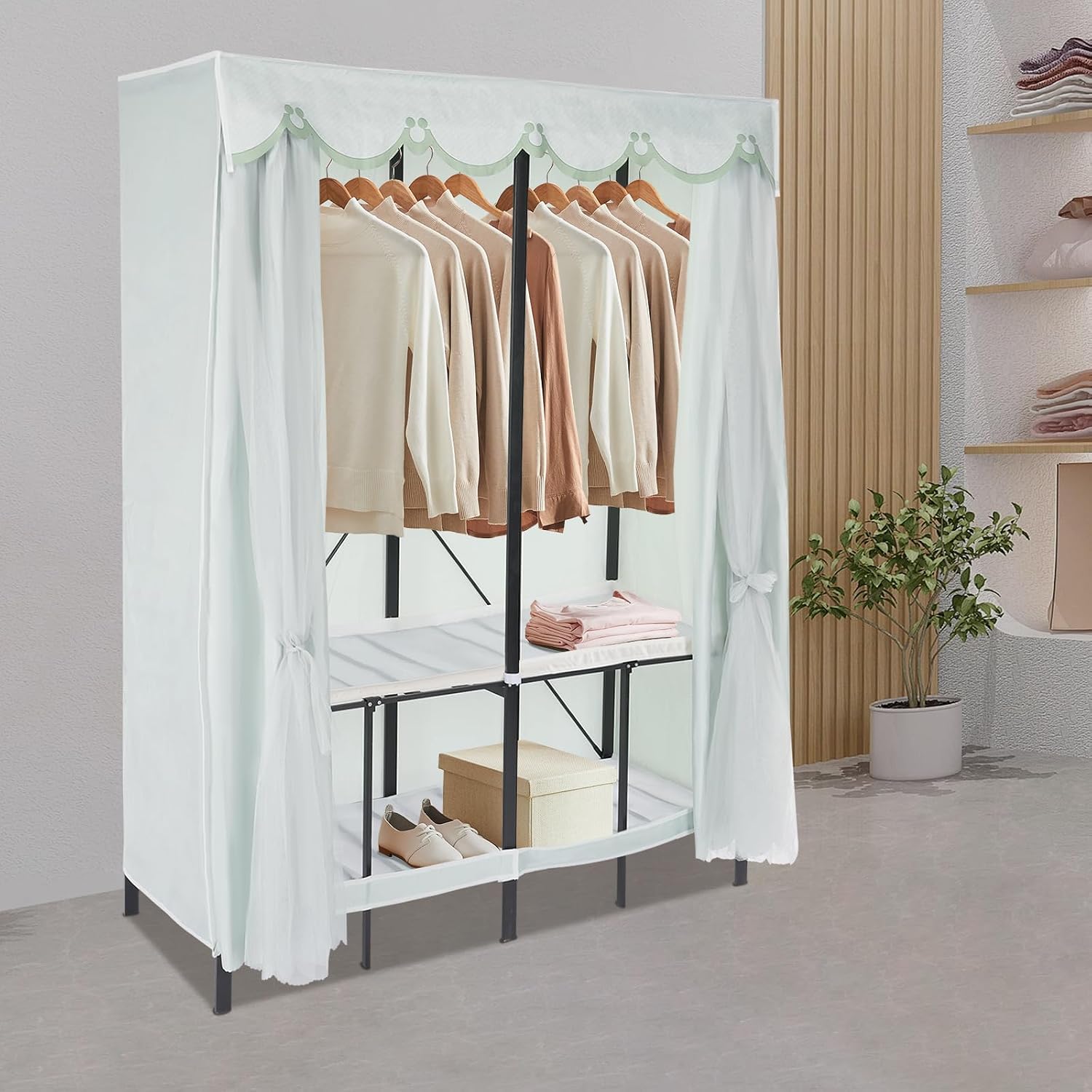 Portable Wardrobe Closet Rack, 1102lbs Heavy-Duty Foldable Garment Racks with Cover, Enclosed Curtain Armoires, for Hanging Clothes, Bedroom, 50 x 20.47 x 67.72inch
