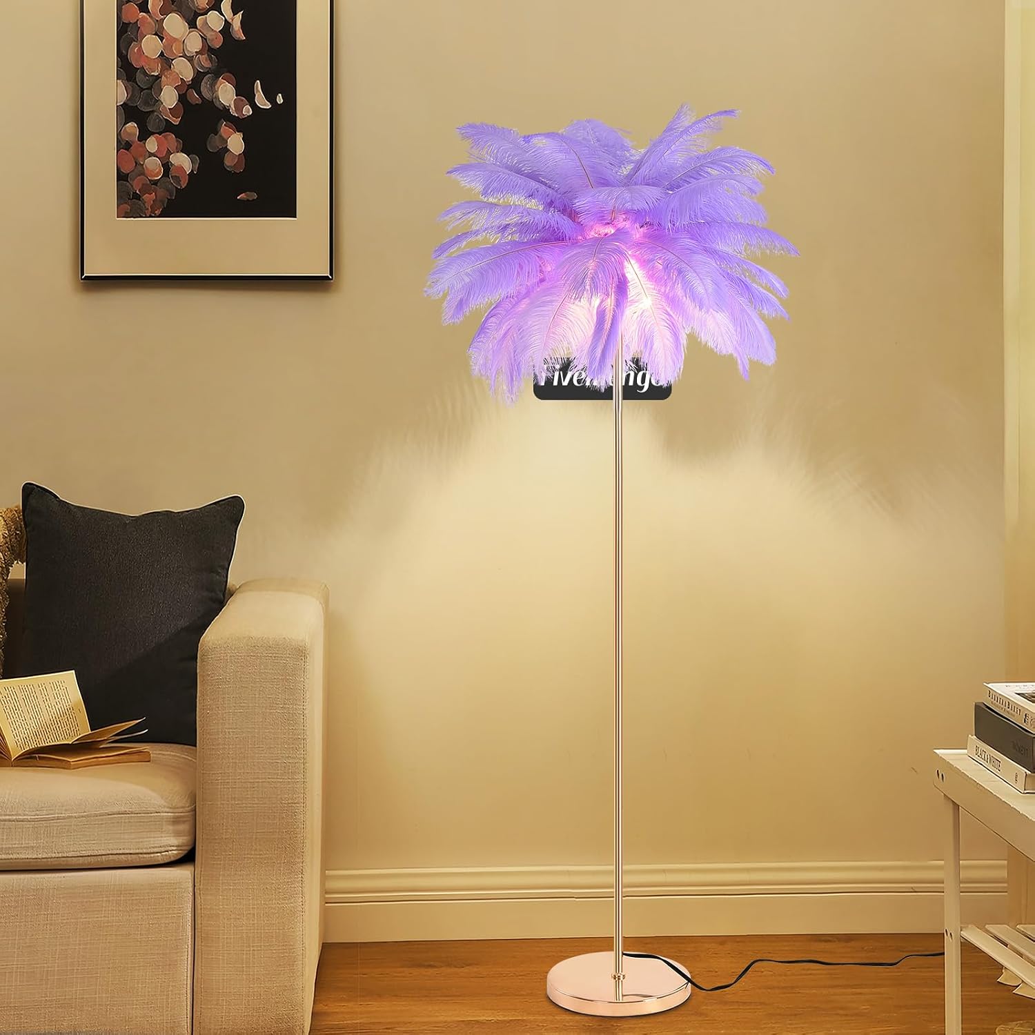 Feather Floor Lamp for Living Room, Fluffy Ostrich Feathers Lamp, Rose Gold Color Body, 3 Color Temperatures Modern Funky Tall Standing Lamp for Bedroom Inclued LED Bulbs (Light Purple)