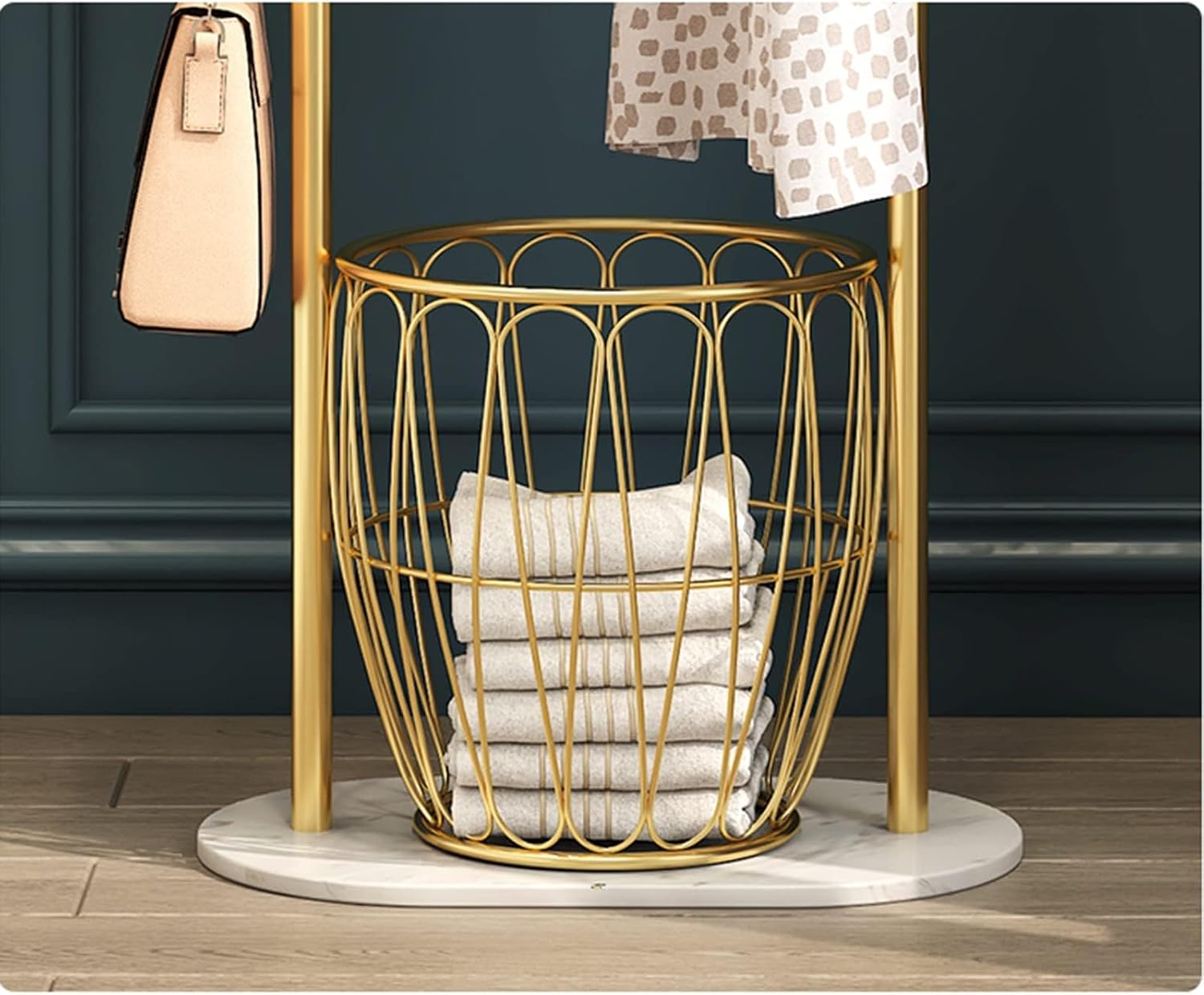 Gold Garment Rack with Storage Basket and Marble Base Free Standing Coat Hanger Rack Corridor Tree for Coats Hats Scarves and Handbags in Entryway,Hallway,Bedroom,Office (One Color-50*30*170cm