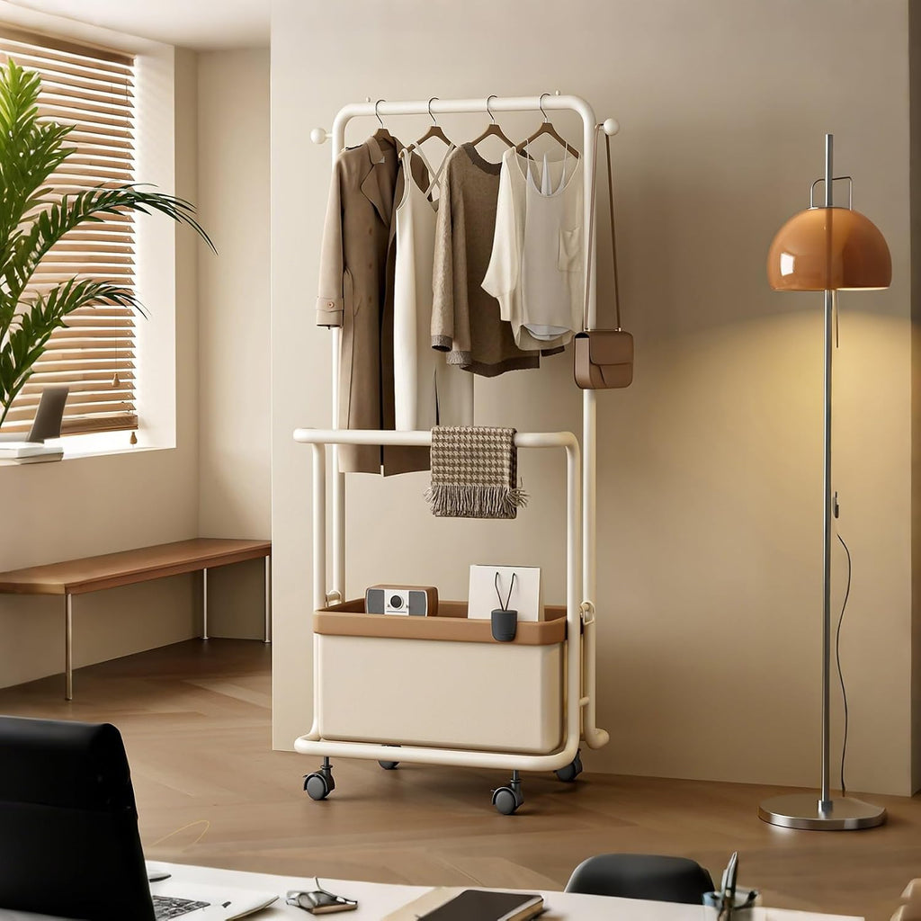Double Rods Garment Rack With Wheels, Clothing Rack For Hanging Clothes With Storage Box, Metal Freestanding Cloths Racks For Shirts Coats Shoes Bags(60cm/23.6in)