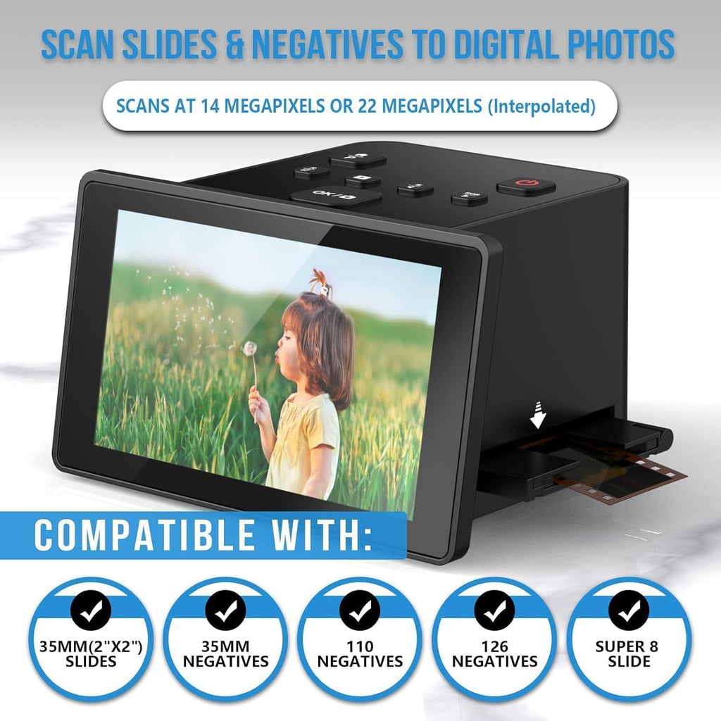 Digital Film Scanner, Slide & Negative Scanner with 5'' LCD Screen, Converts Color & B&W Negatives & Slides 35mm, 135/110 Films, Super 8 Slides to 22MP JPEG Digital Photos, Grey