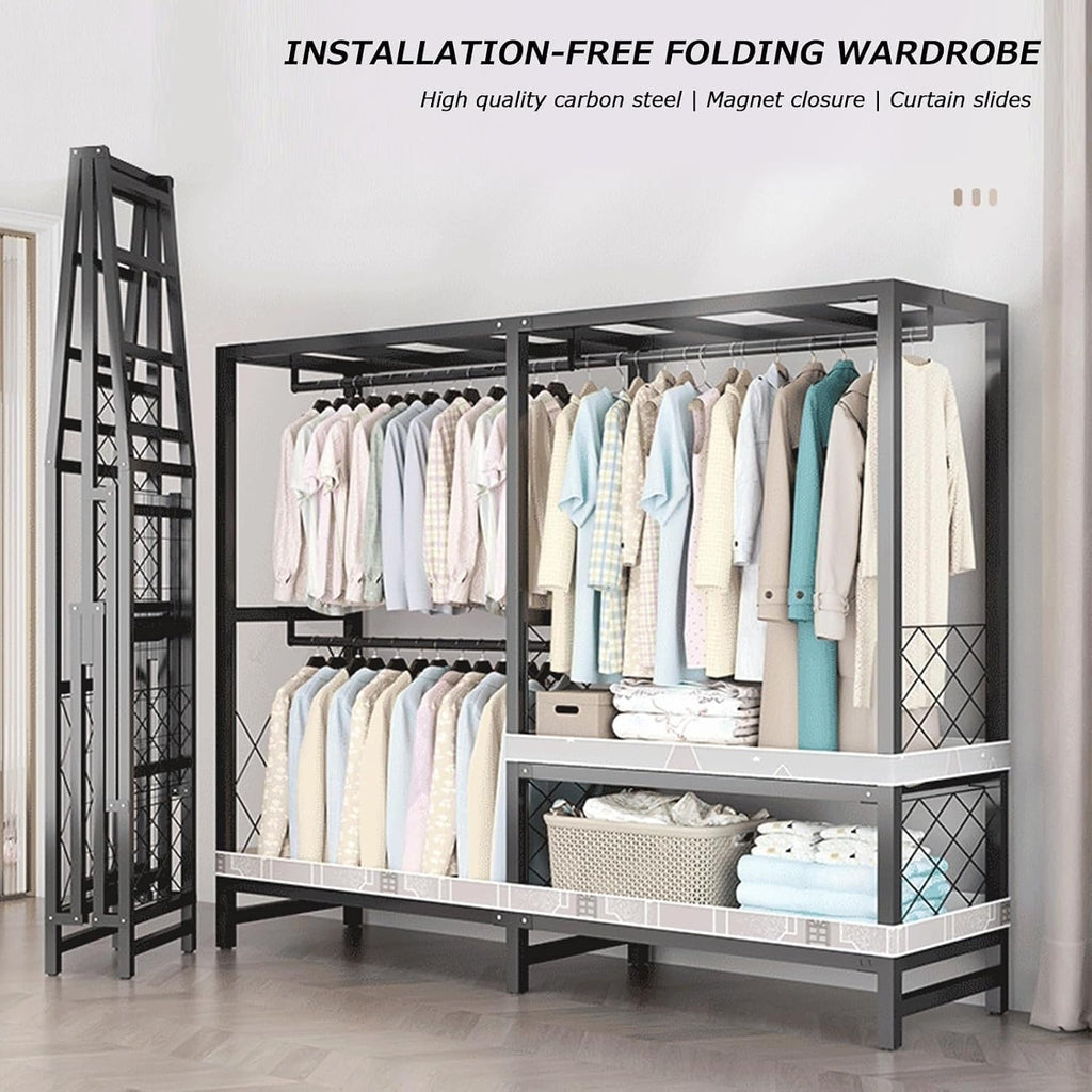 Foldable Installation Free Wardrobe - Load 1500 Lbs Portable Wardrobe Clothing Organizer, Heavy Duty Clothes Freestanding Sturdy Garment Rack, With Hanging Rods, Shelves, Dustproof Cover(Color:B,Size: