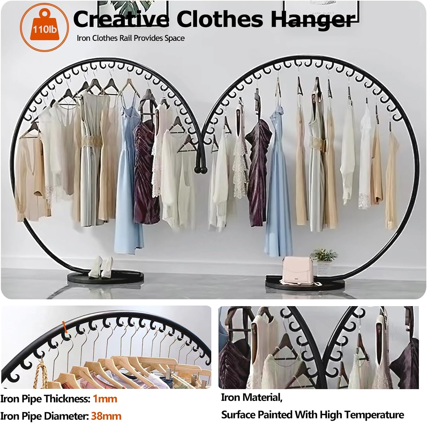 Clothing Store Industrial Display Stands, Clothes Rail, Metal Clothes Rail, Freestanding Garment Rack Hanger, 110 Lb Total Max, Clothes Rail Heavy Duty, Han(B-180x170cm