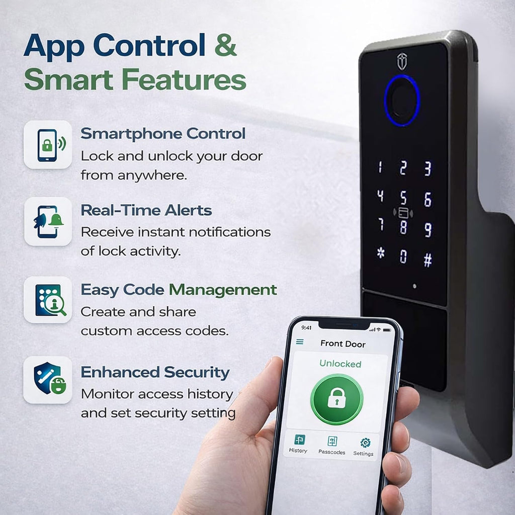 Zonixtec Waterproof Smart Rim Gate Lock, Biometric Fingerprint & Keypad Outdoor Electronic Lock, Tuya App Remote Control, Surface-Mounted Latch for Fence, Yard, Garden, Garage, Shed, Anti-Peep