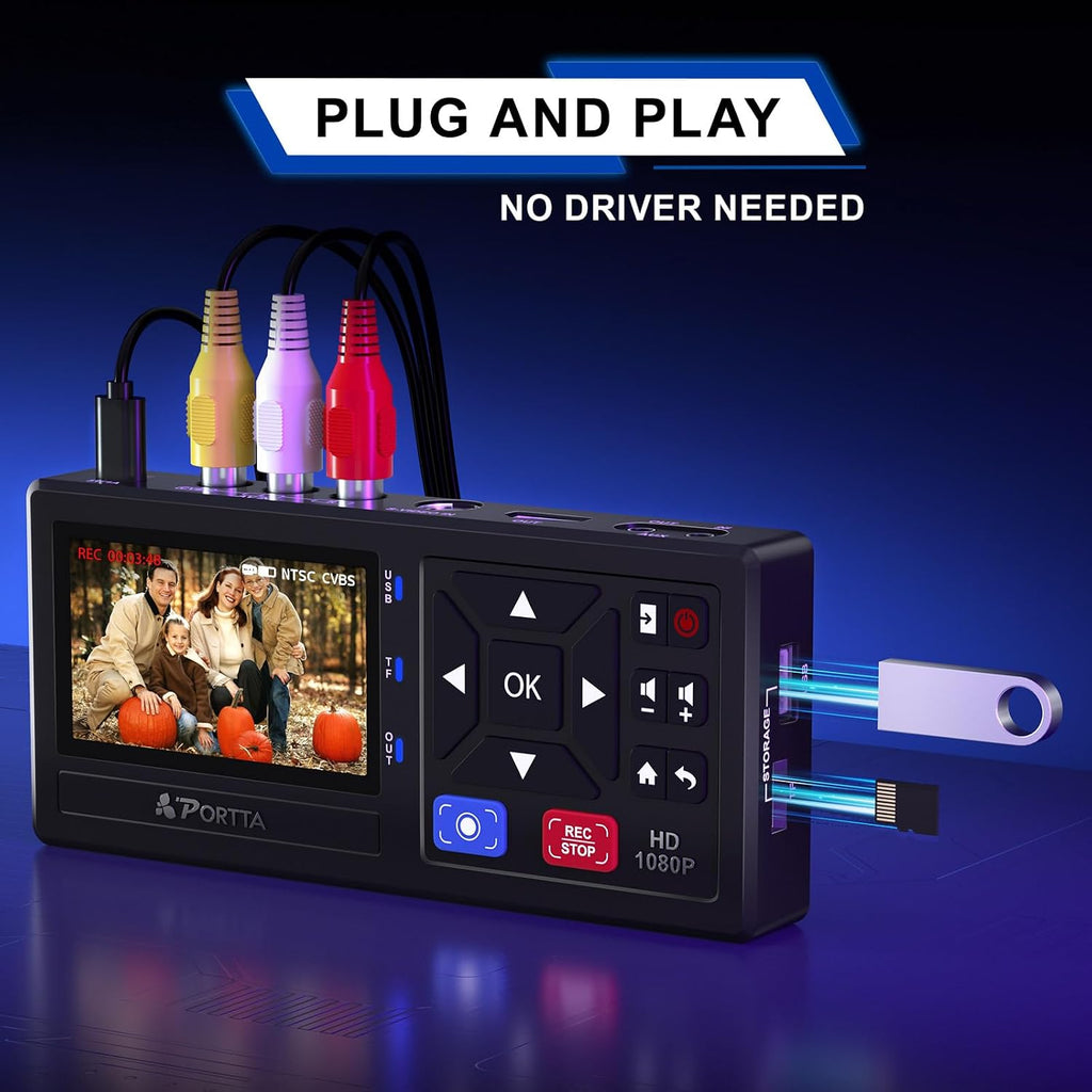 Portta VHS to Digital Converter, Video to Digital Recorder with Remote, Compatible with VHS, VCR, DVR, DVD, Hi8, Mini DV, Gaming Consoles (VCR, VHS/DVD Player, Camcorder Required)