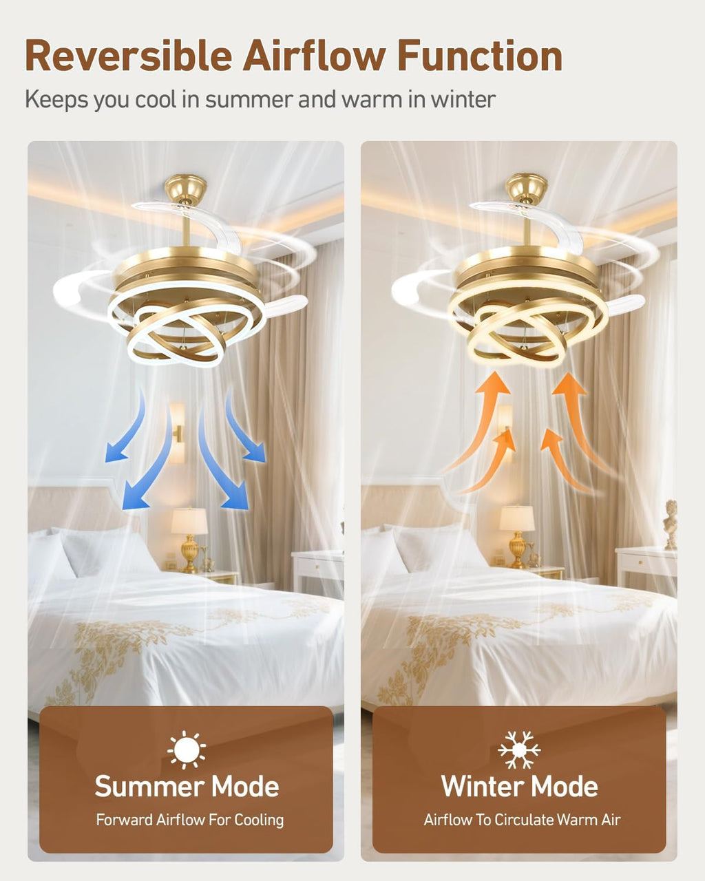 42 Inch Retractable Ceiling Fan with Lights, Gold Fandelier Chandelier Fan with Remote, 6-Speed Silent DC Motor, 3000K-6500K Dimmable LED Light, Modern Ceiling Fan for Bedroom Living Room Dining Room