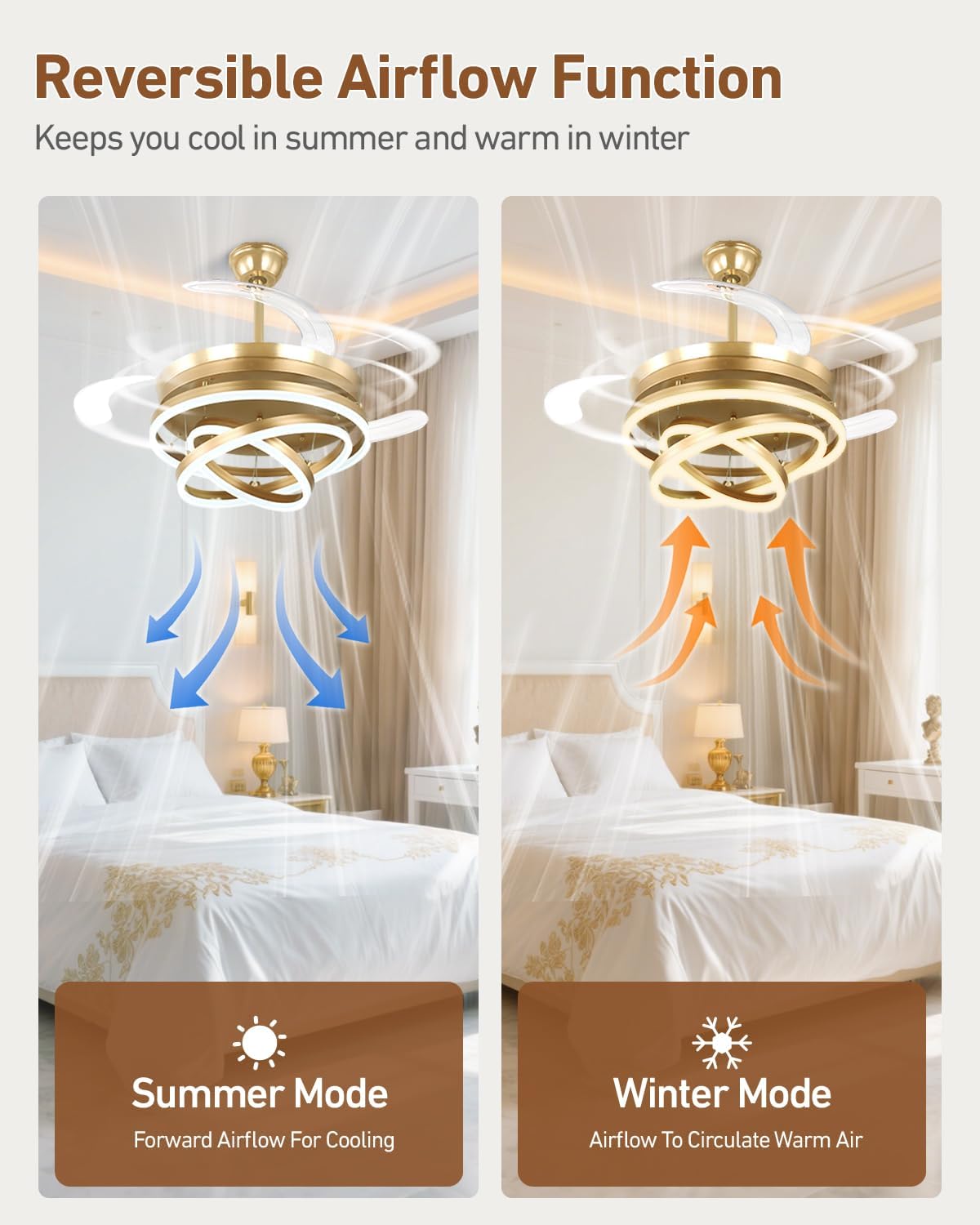 42 Inch Retractable Ceiling Fan with Lights, Gold Fandelier Chandelier Fan with Remote, 6-Speed Silent DC Motor, 3000K-6500K Dimmable LED Light, Modern Ceiling Fan for Bedroom Living Room Dining Room