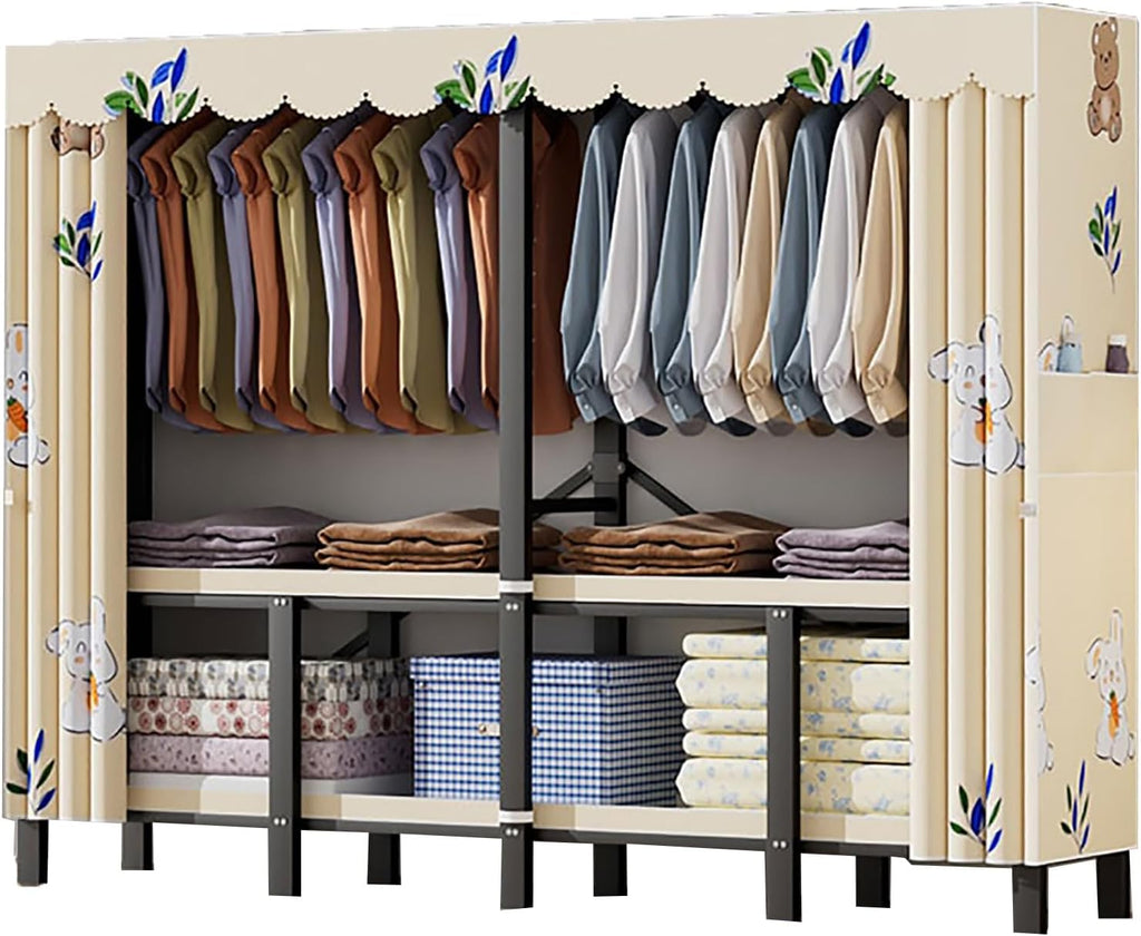 Heavy Duty Clothes Rack With Cover Foldable Wardrobe Closet For Hanging Clothing Metal Garment Rack Freestanding Covered Armoire For Bedroom(E,221cm/87in)