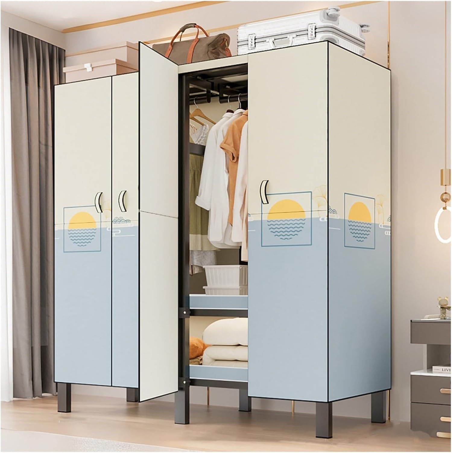 Foldable Closet Wardrobe Heavy Duty Clothes Rack With Cover Portable Metal Clothing Rack Organizer Freestanding Armoire Storage Garment Racks For Hanging Clothes(B,87x172x52cm/34X68X21IN)