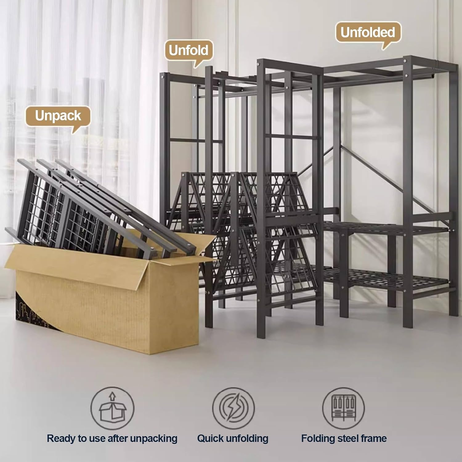 Foldable Wardrobe Closet Rack 1200lbs Storage Garment Racks With Cover Portable Enclosed For Hanging Clothes Metal Covered Clothing Organizer For Bedroom(F,110cm/43.3inch)