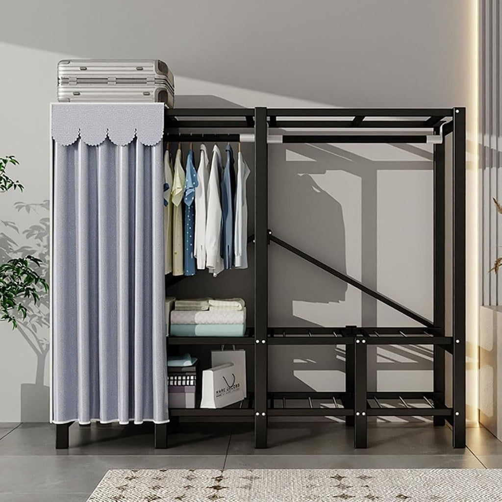 Portable Closet, Heavy Duty Covered Clothes Rack Portable Wardrobe Closet, Wire Garment Rack Black Metal Clothing Rack with Grey Cover, Clothes Storage Organizer for Extra Sturdy(76.8inch/195cmx19.7in