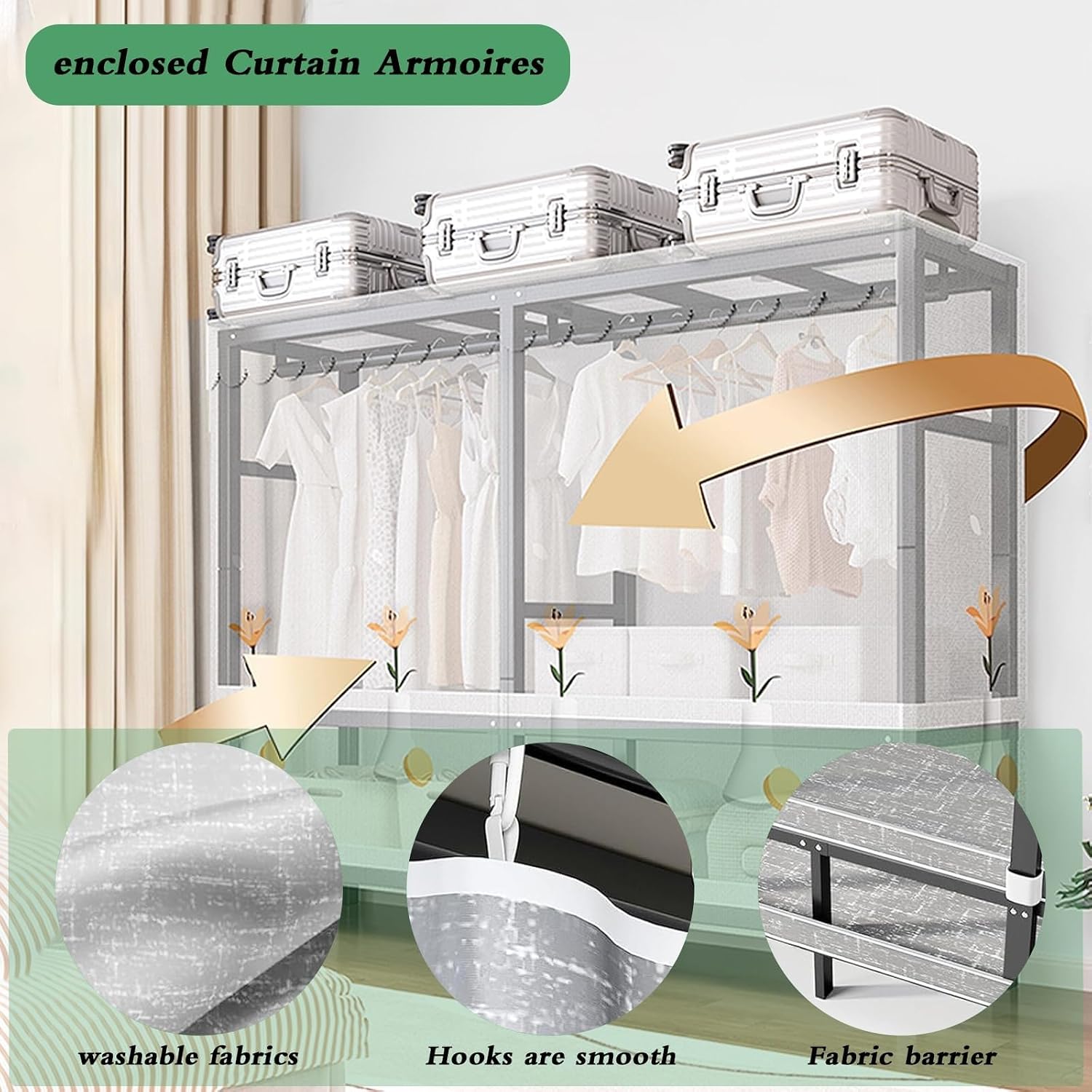 Large Wardrobe Clothes Organizer, Heavy-Duty Portable Clothe Rack With Cover Foldable Metal Garment Rack On Wheels Freestanding Rolling Clothing Coat Storage Rack 20.4in Width Load 2000lbs(125cm/49.2i