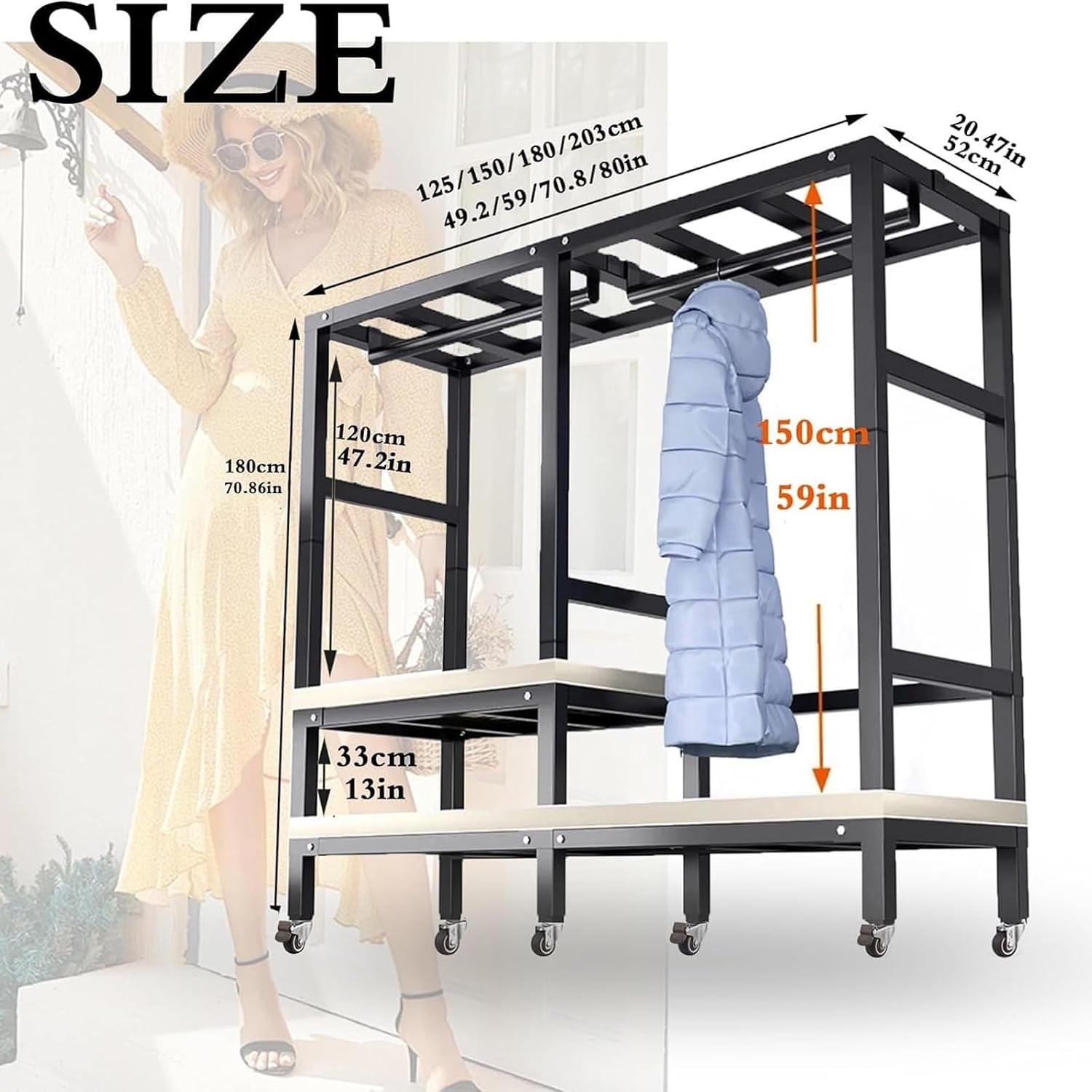 Large Foldable Clothing Rack With Cover Heavy Duty Metal Clothes Racks On Wheels Loads 2000LBS Covered Portable Wardrobe Closet For Hanging Clothes Freestanding Garment Rack For Bedroom(150cm/59in)