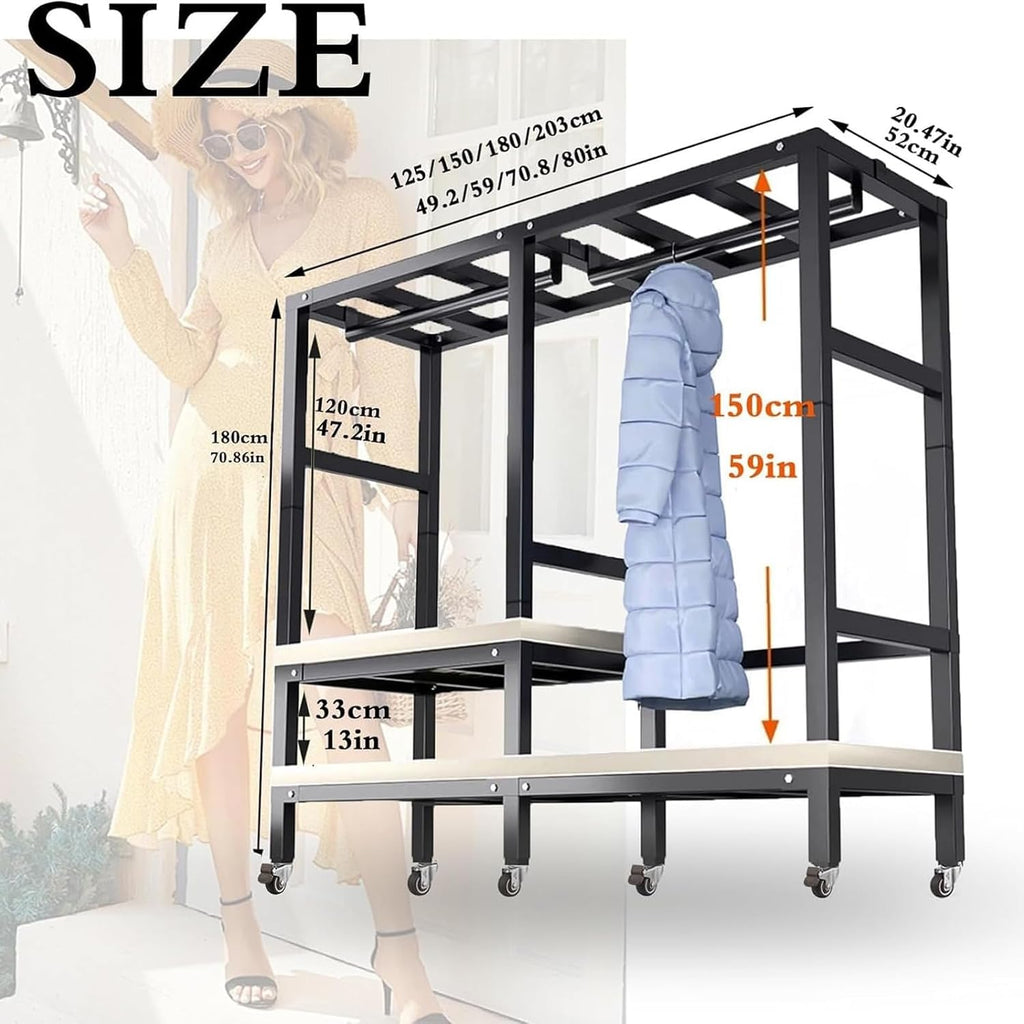 Large Foldable Clothing Rack With Cover Heavy Duty Metal Clothes Racks On Wheels Loads 2000LBS Covered Portable Wardrobe Closet For Hanging Clothes Freestanding Garment Rack For Bedroom(180cm/71in)