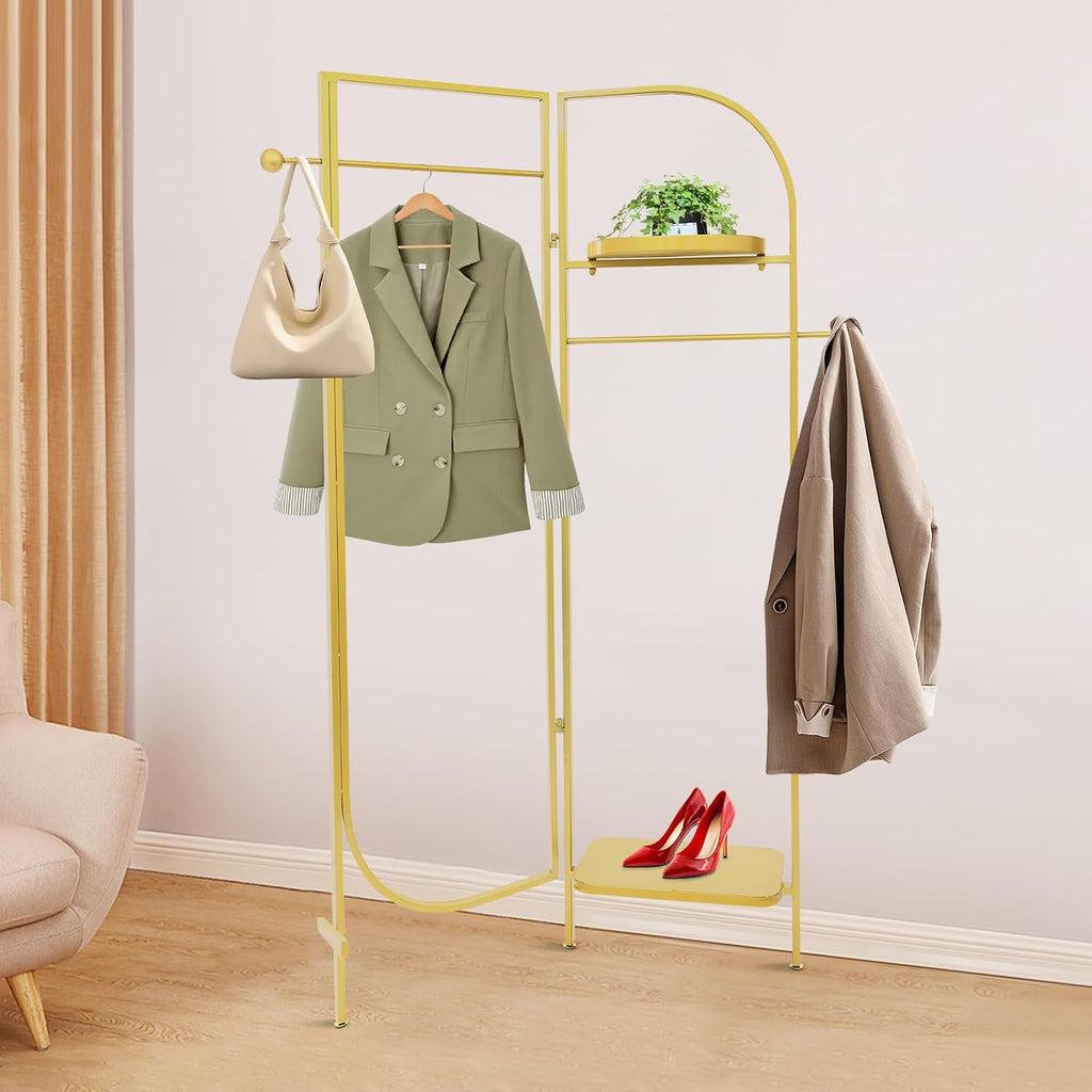 Clothes Display Stand, Metal Heavy Duty Freestanding Garment Rack Foldable Clothing Shelf Clothes Rack for Hanging Clothes Coats Skirts Shirts Sweaters (Gold)