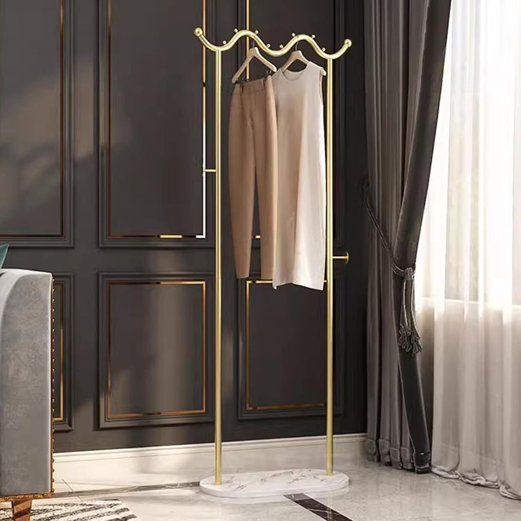 Heavy duty Garment rack Modern Metal Clothing Rack With Marble Base, Freestanding Coat Rack With Hanging Rod And 2 Hooks, Space Saving Clothes Organizer For Bedroom And Office, 50X30X170CM (Gold+whit
