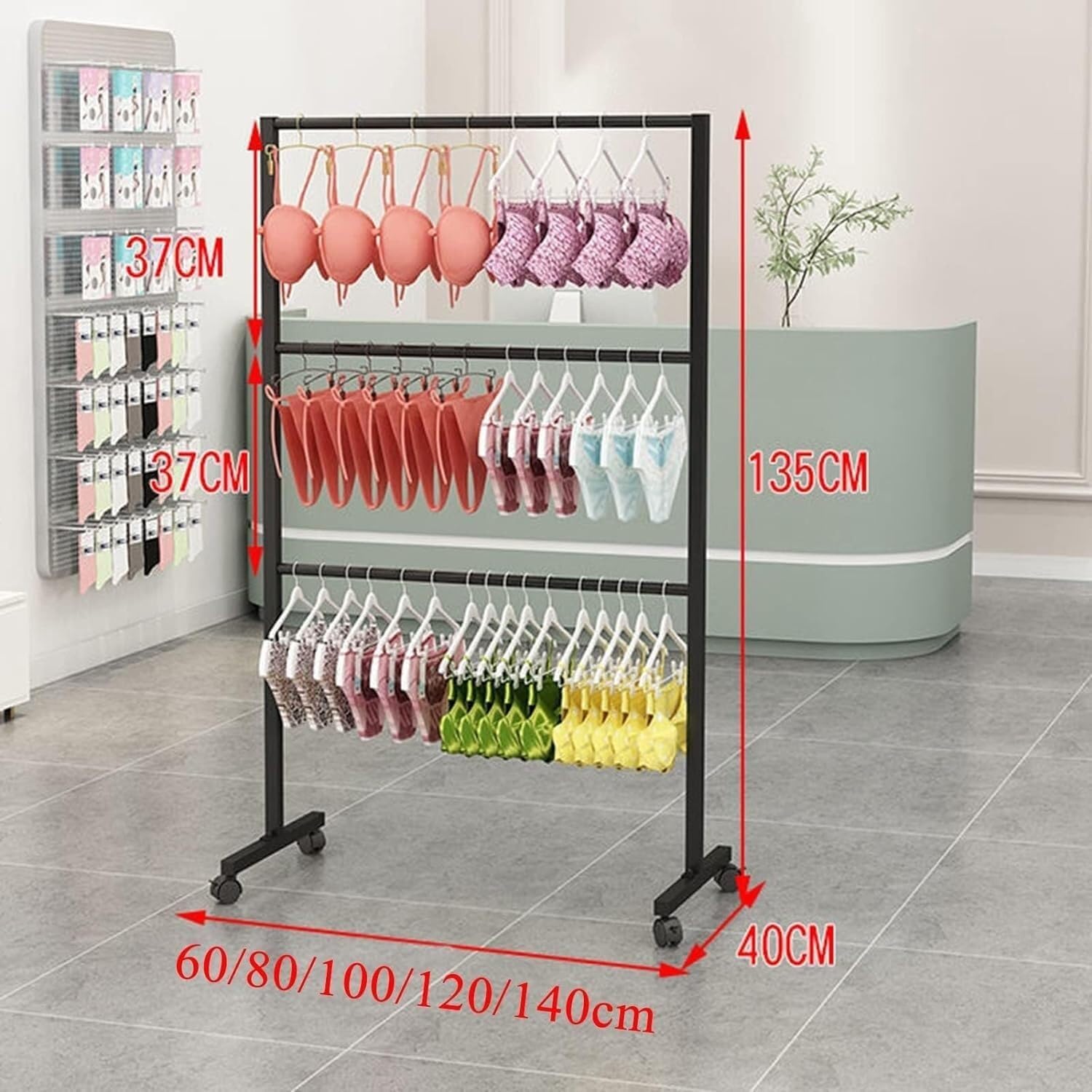 Metal Hijab Hangers - Underwear Display Rack, Bra Rack With Wheels, Garment Rack, Clothing Store, Retail Shelving,Commercial Free Standing Hanger For Bikini,Swimwear,Lingerie(Color:Gold,Size:L80xH135c