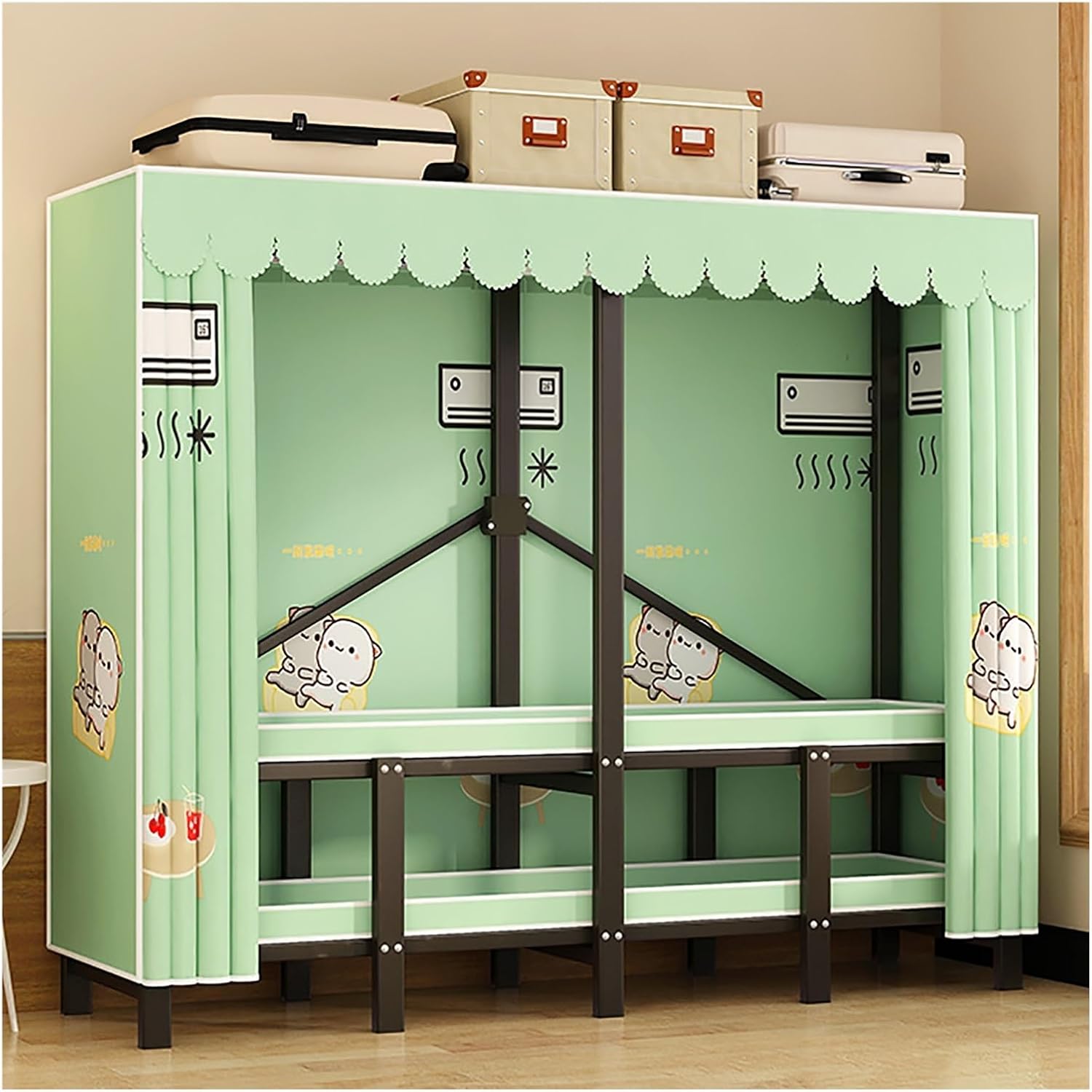 Heavy Duty Portable Wardrobe Closet With Cover, Foldable Garment Rack, Metal Freestanding Clothing Rack For Hanging Clothes, For Bedroom, Dorm(Green,215x170x50cm)