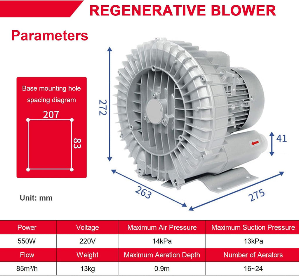 Regenerative Blower & Single/Three Phase Vortex Ring Blower - 220v/380v Industrial Vacuum for Aquaculture Hydroponics and Dust Collection 550W/220V