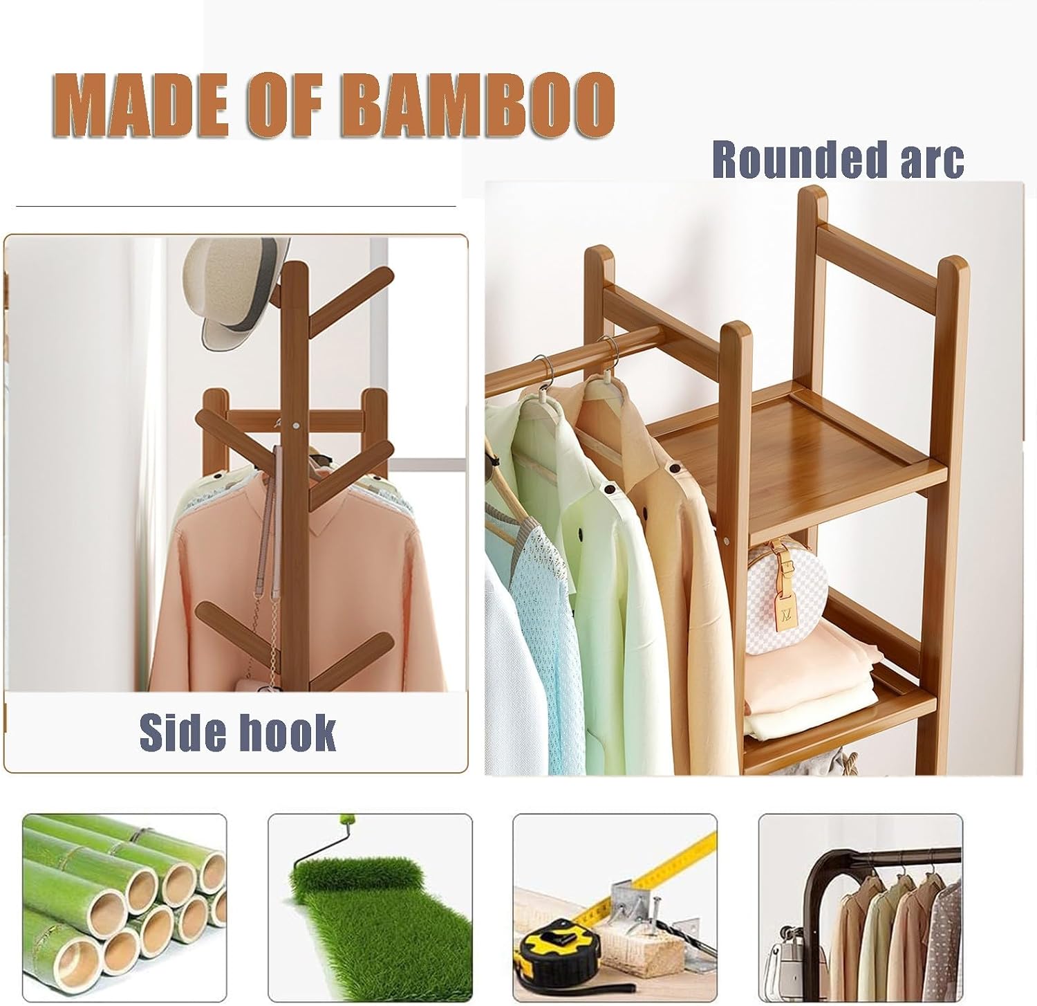 Bamboo Coat Rack with Double Drawer Storage 4 Shelves and Multi Functional Clothing Rails Freestanding Garment Rack for Bedroom nization Walnut Color Size: XXL