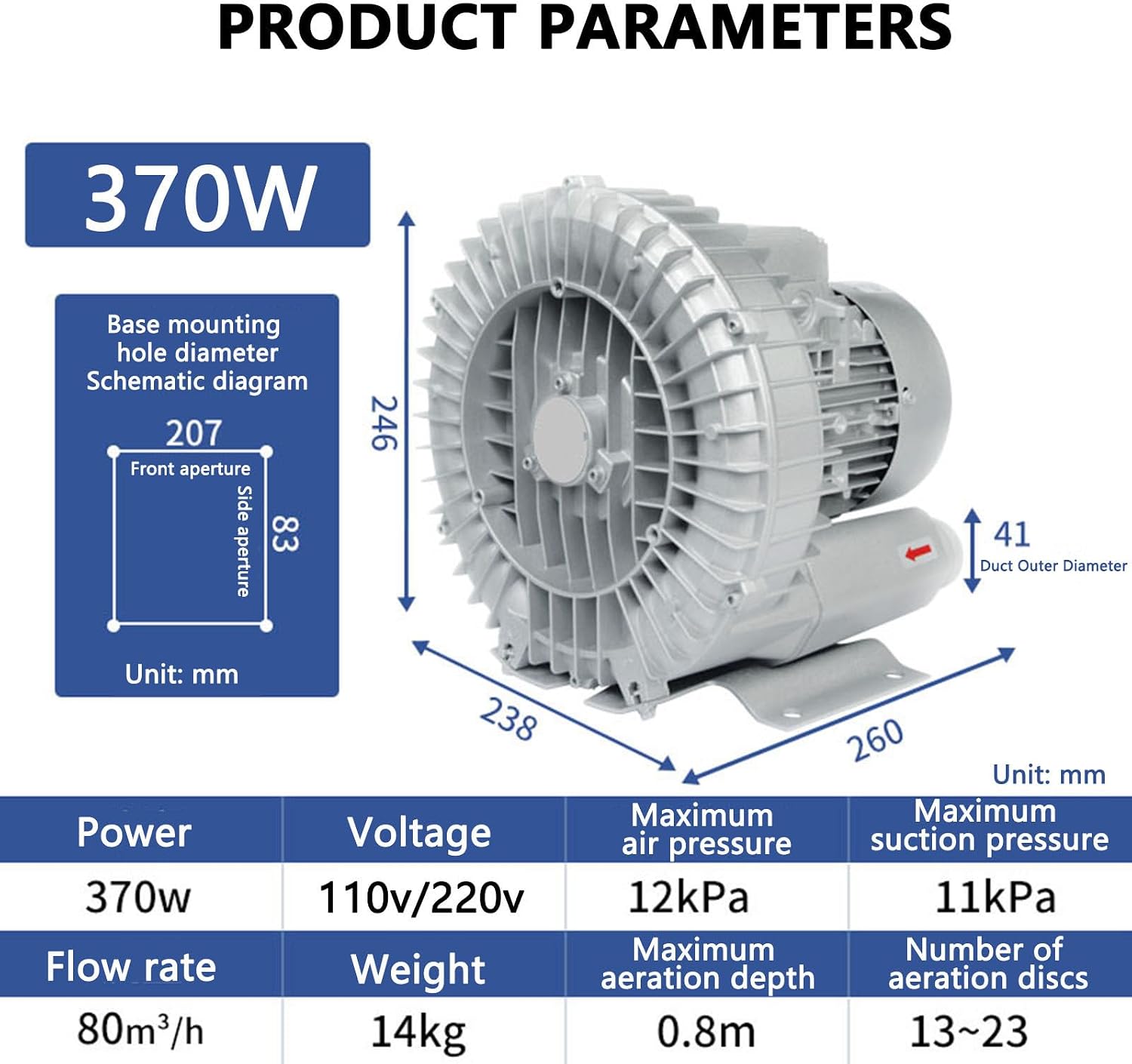 0.5HP Regenerative Blower 370W - 2.04HP, 180W-1500W Single Phase Air Blower/Suction, 50Hz, High Efficiency, Low Noise, Ideal for Ventilation & Cooling