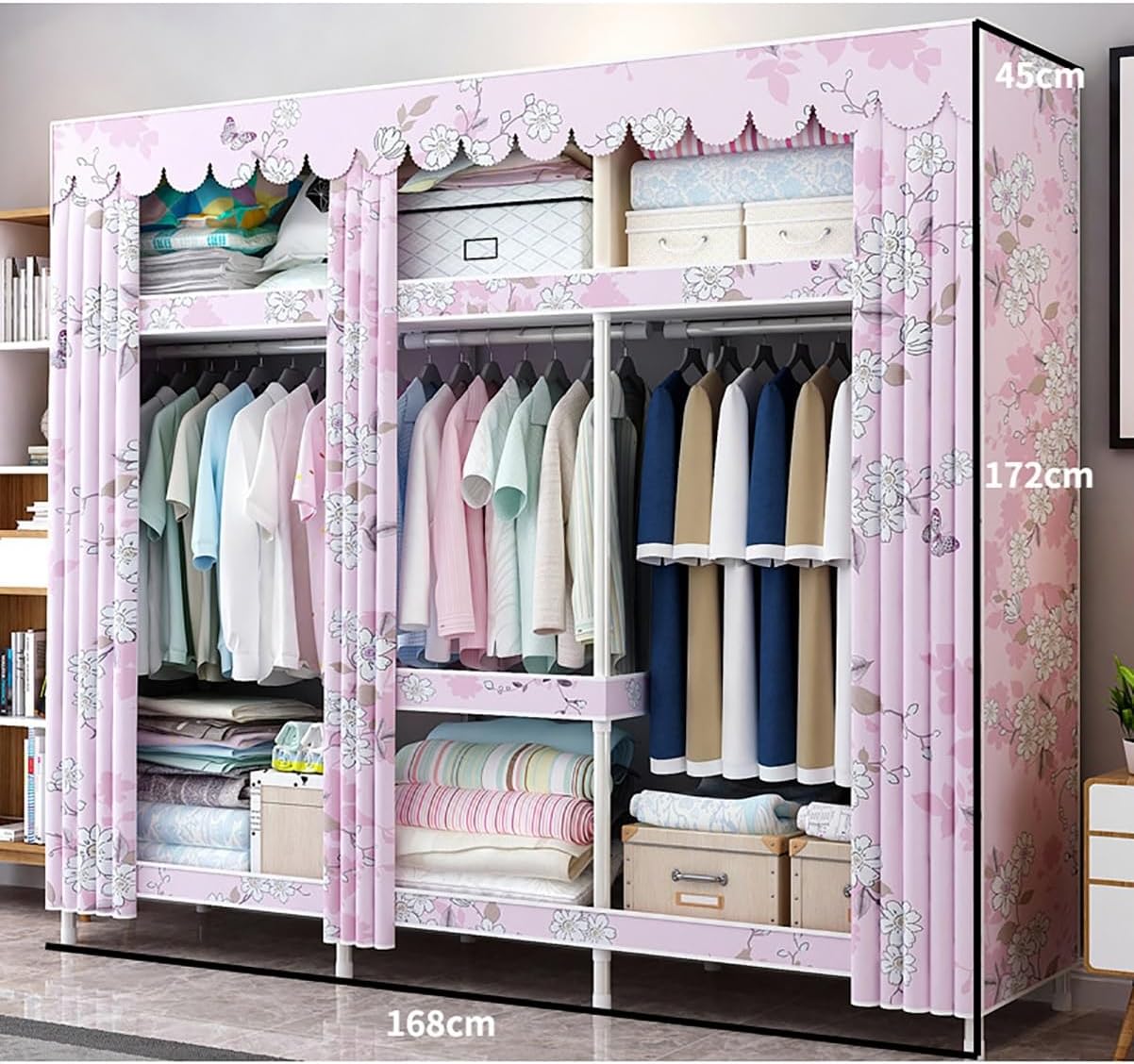 Covered Garment Rack Metal Clothes Rack With Fabric Cover Freestanding Wardrobe Closet With 3 Hanging Rods And 4 Storage Shelves For Bedroom (Color : Purple, Size : 168x45x172cm)