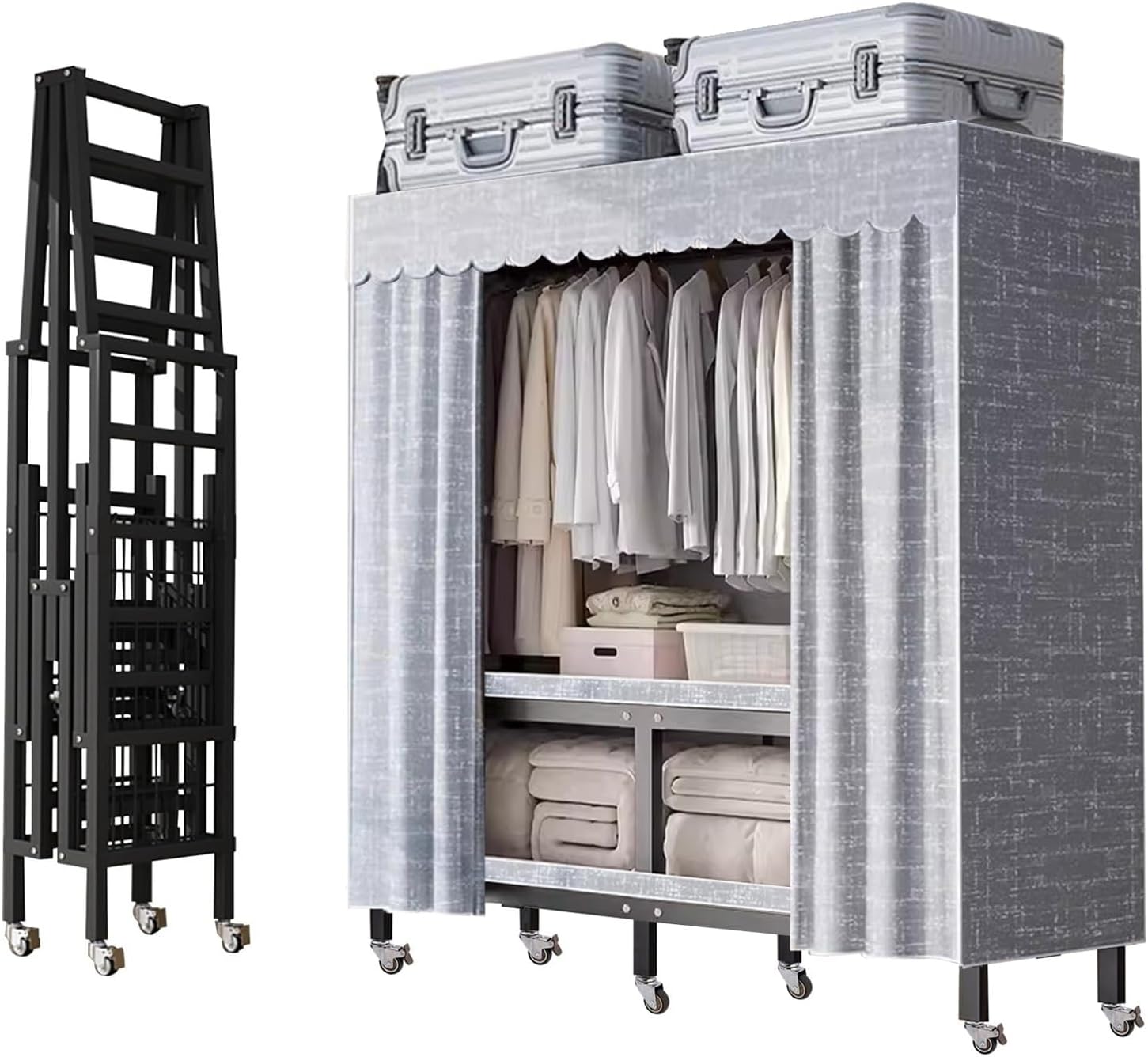 Heavy-duty Portable Wardrobe Clothing Coat Storage Rack - Foldable Cloth Rack with Wheel W/Cover Load 2000lbs for Bedroom Armoires Rolling Garment Rack