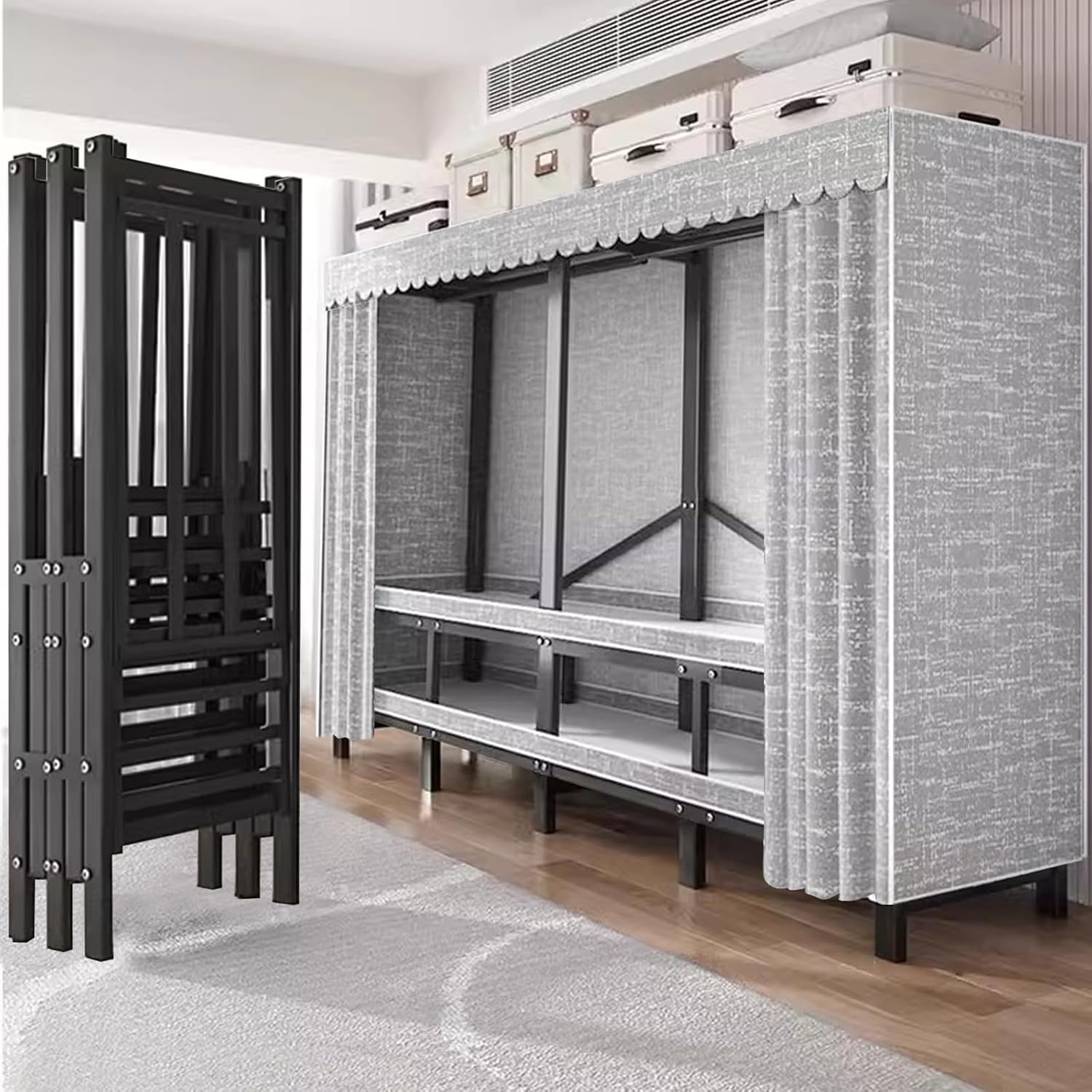 Heavy-Duty Portable Wardrobe Closet Rack with Cover, Freestanding Clothes Organizer System - 1100lbs Capacity, Enclosed Curtain Armoires for Bedroom