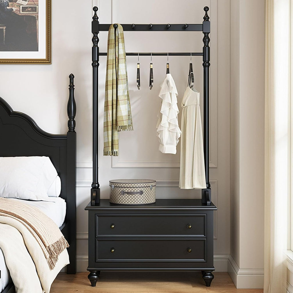 Solid Wood Clothing Rack, Clothes Rack with 2 Drawers, Floor-standing Garment Racks, for Hanging Shirts, Jackets, Coat Hanger Stand for Bedroom Entryway(Black)