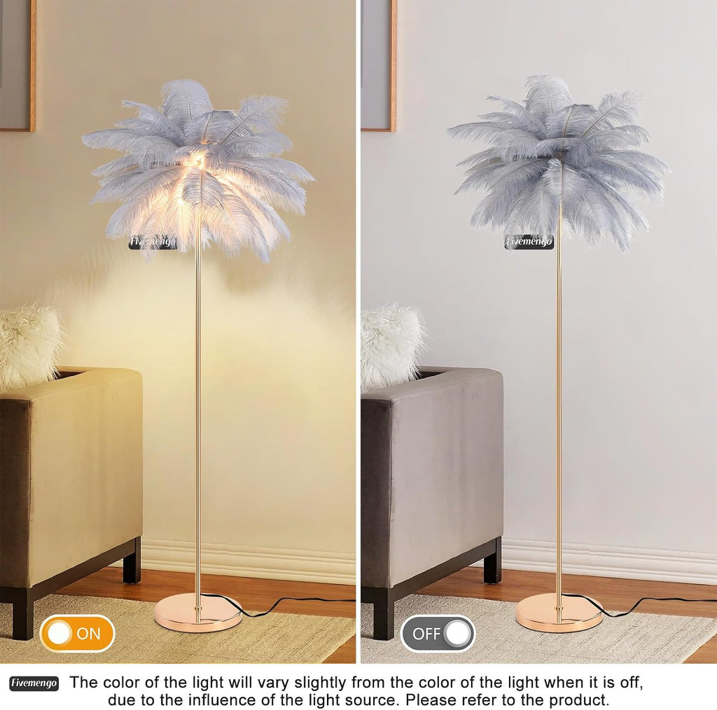 Feather Floor Lamp for Living Room, Fluffy Ostrich Feathers Lamp, Rose Gold Color Body, 3 Color Temperatures Modern Funky Arc Tall Standing Lamp for Bedroom Inclued Bright LED Bulbs (Grey)