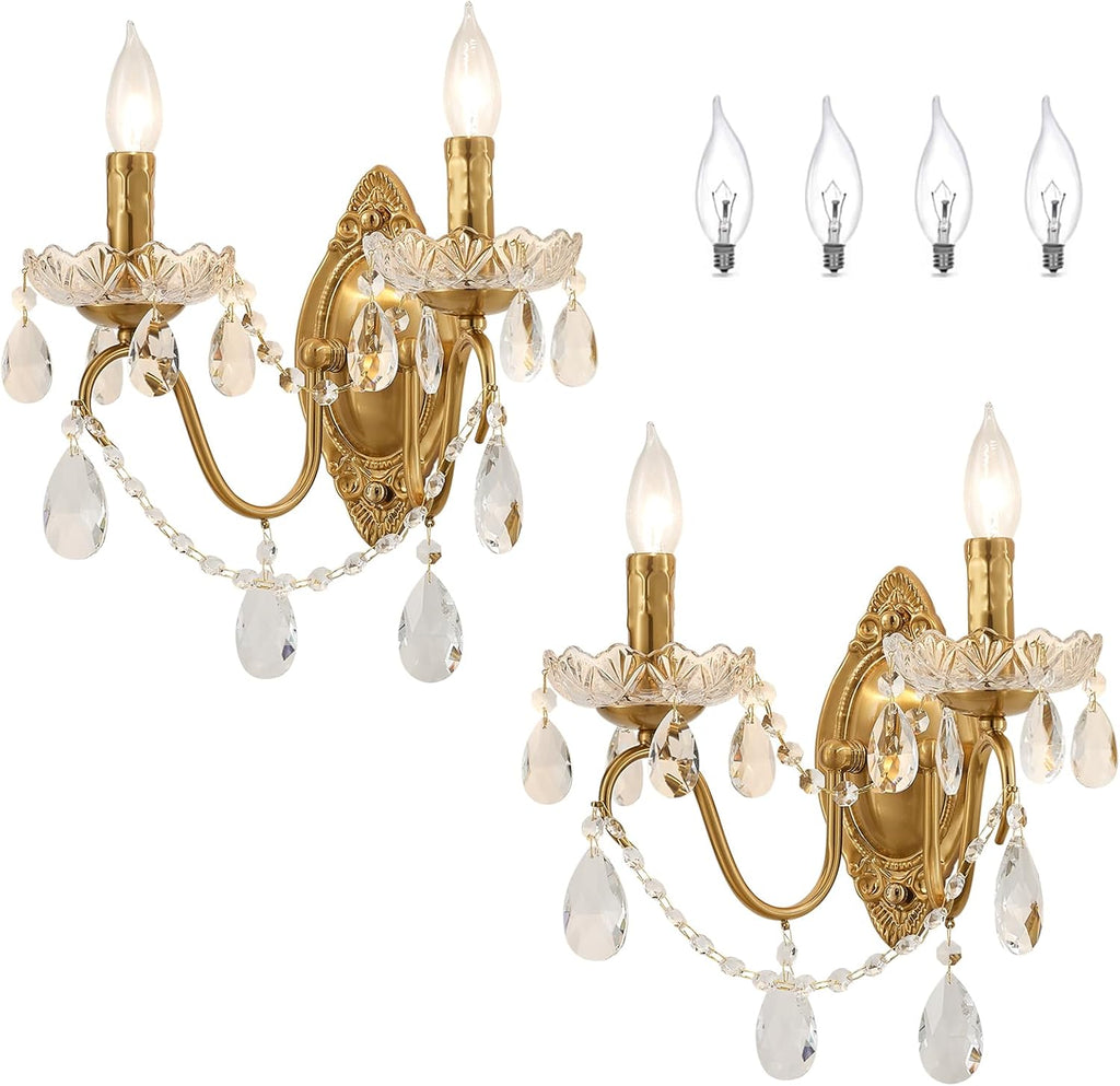 Crystal Wall Sconce Set of 2, Crystal wall sconces, Vintage wall sconces, Gold Brass Finish with Glass Drops, for Bedroom Living Room Bathroom Vanity Mirror Light Fixtures