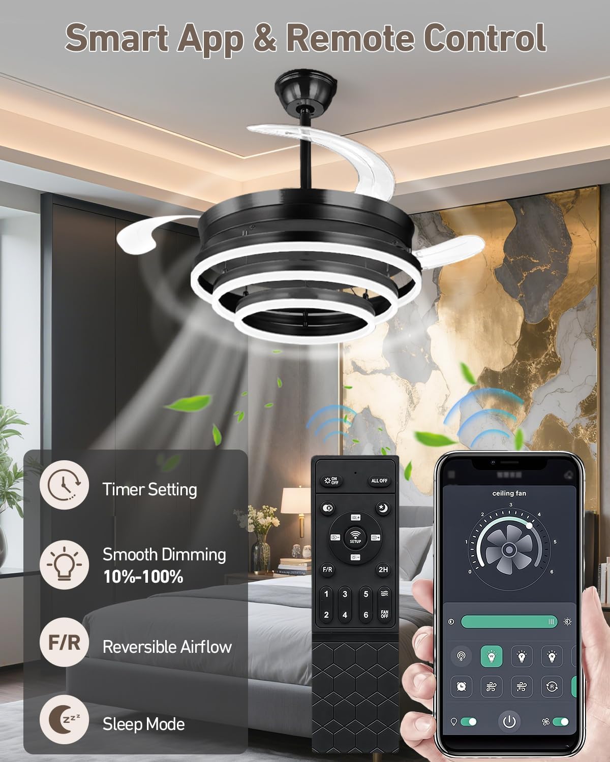 Retractable Ceiling Fans with Lights, 42' Fandelier Ceiling Fan with Light and Remote, Reversible, 3 CCT, Dimmable, Modern Chandelier Ceiling Fan for Bedroom, Living Room, Dining Room (Black)