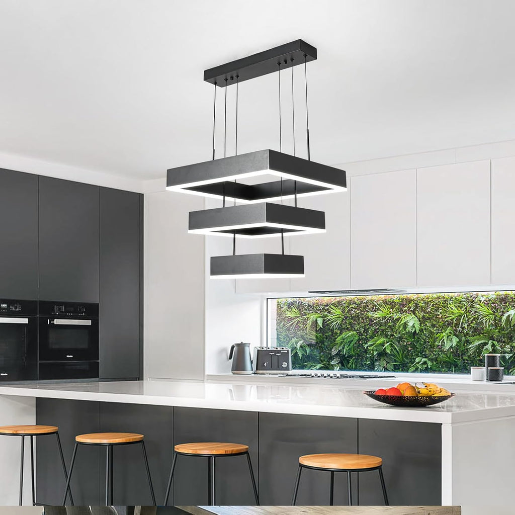 O'NEELDY Modern Chandelier 58W LED Black Pendant Light Embedded Mount Square Rings LED Chandeliers Dining Room Light Fixtures for Kitchen Bedroom, 6000K