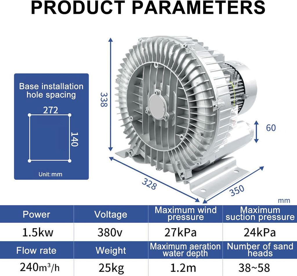 Pool Aeration Oxygenation Machine, High-Pressure Regenerative Blower, Industrial Side Channel, for Fish Pond(1.5KW/380V)