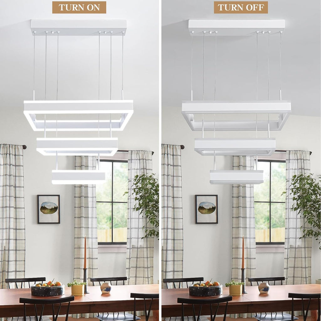 O'NEELDY Modern LED Chandeliers White Square Rings Pendant Light Fixture with Hanging Cord Flush Mount Square Modern Chandeliers for Kitchen Island Dining Room