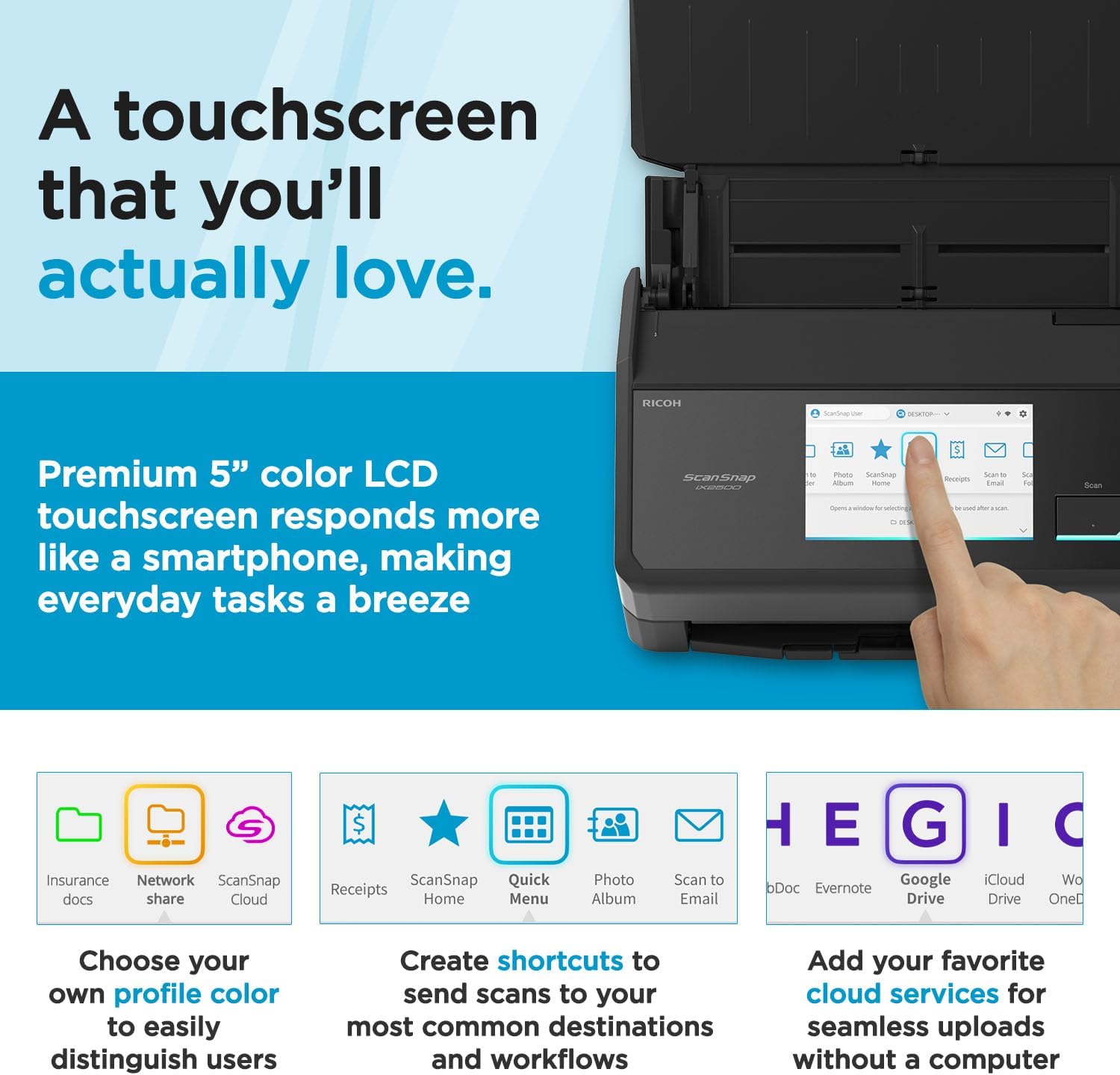 ScanSnap iX2500 Wireless or USB High-Speed Cloud Enabled Document, Photo & Receipt Scanner with Large 5' Touchscreen and 100 Page Auto Document Feeder for Mac or PC, Black