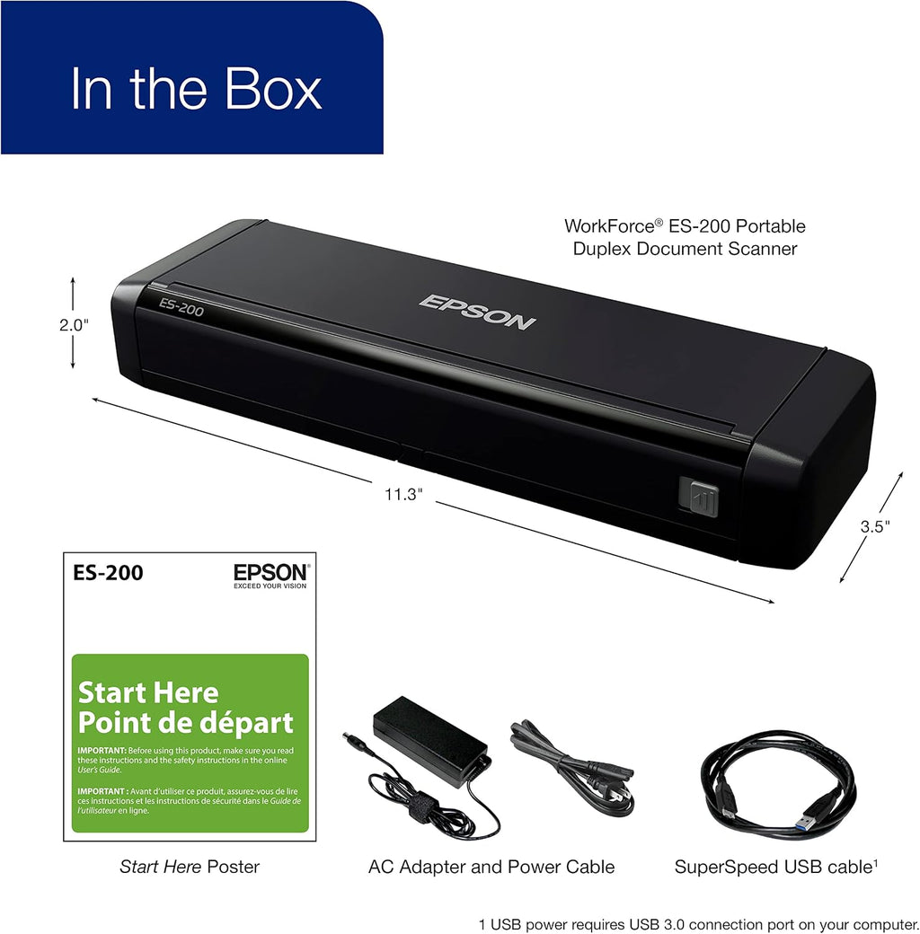 Epson Workforce ES-200 Color Portable Document Scanner with ADF for PC and Mac Sheet-fed, Duplex Scanning,Black