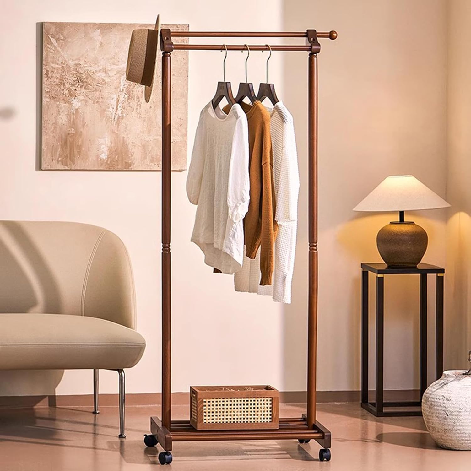 Heavy Duty Coat Rack, Garment Rack Double Rail Clothing Rack for Hanging Clothes, Freestanding Solid Wood Coat Rack with Shelves and 2 Hooks, Space Saving Clothes Organizer (Walnut Color)