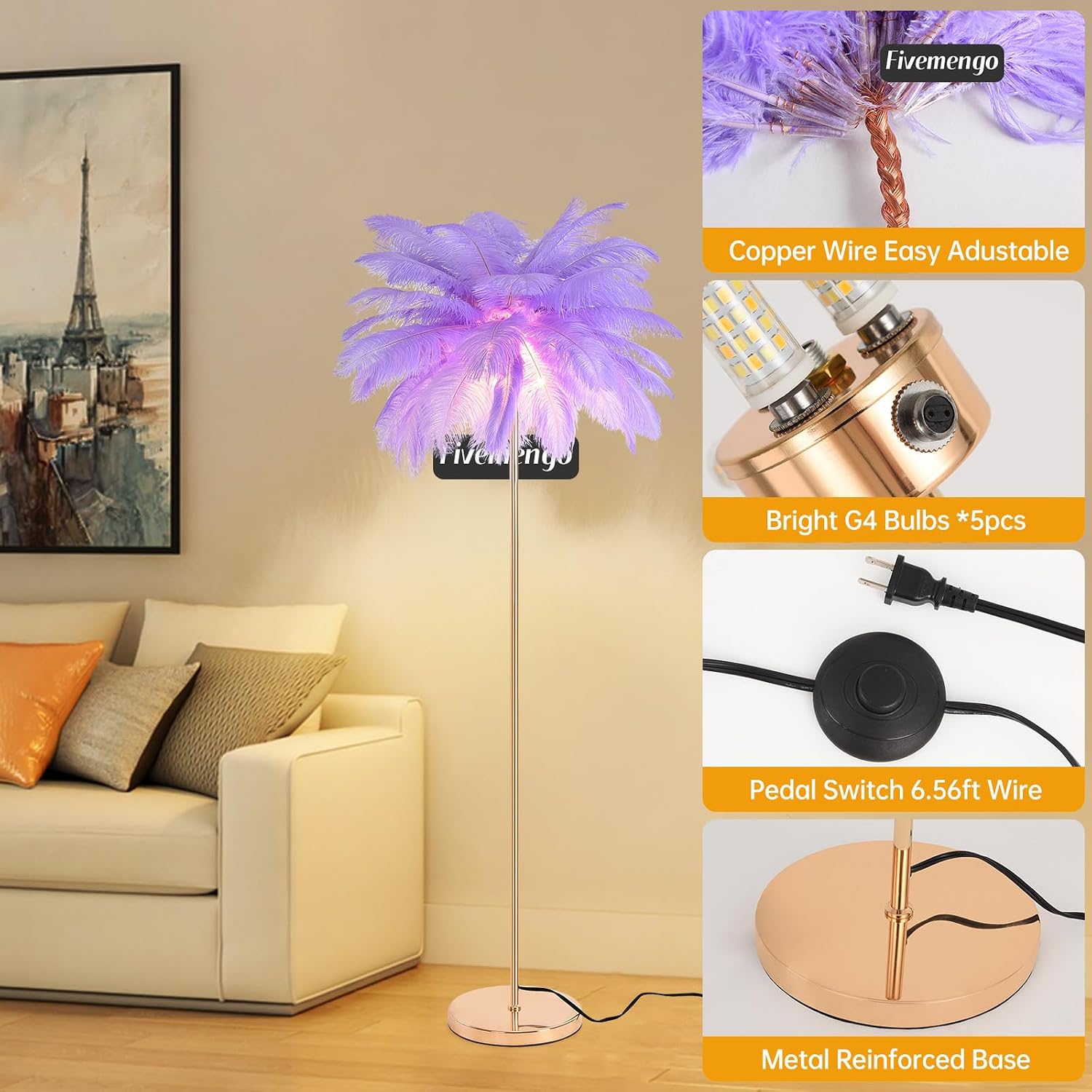 Feather Floor Lamp for Living Room, Fluffy Ostrich Feathers Lamp, Rose Gold Color Body, 3 Color Temperatures Modern Funky Tall Standing Lamp for Bedroom Inclued LED Bulbs (Light Purple)