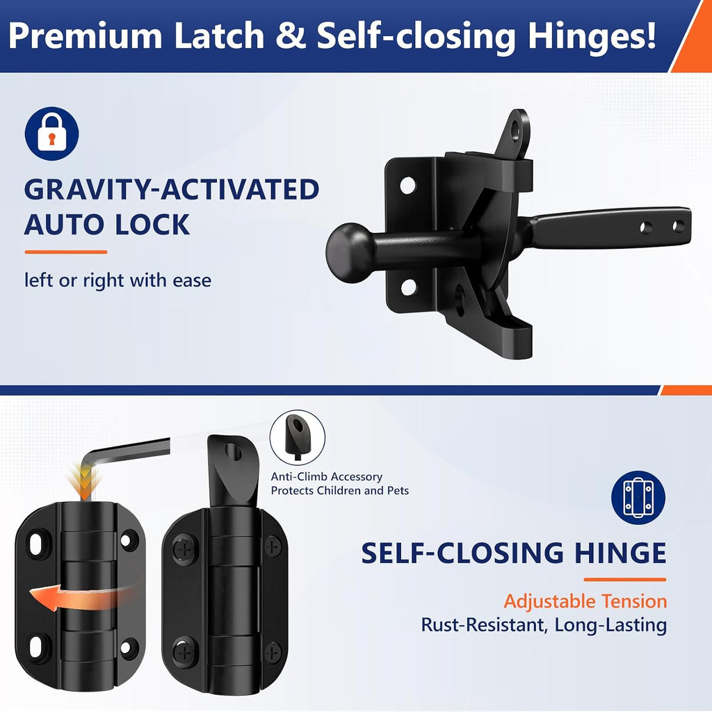 5ft Aluminum Deck Gate 36in H with Support Wheel, Cuttable Railing Gate Kit with Latch & Auto-Close Hinges, AAMA 2604 Textured Black Outdoor Gate for Deck, Porch, Patio