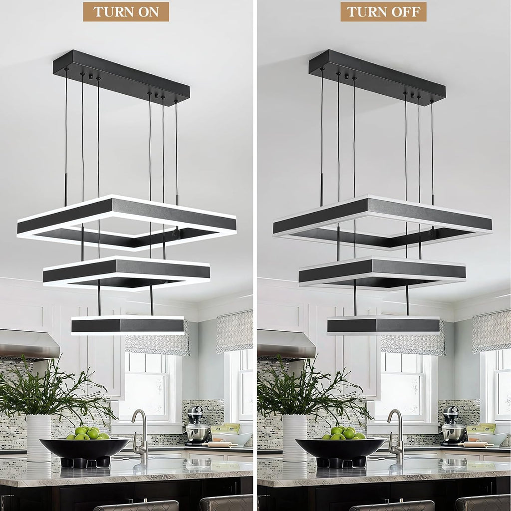 O'NEELDY LED Pendant Light Fixture, 20.47'' Modern Chandelier Square Rings Adjustable Height Black Pendant Lighting 3 Lights Kitchen Island Chandeliers for Dining Room, 6000K