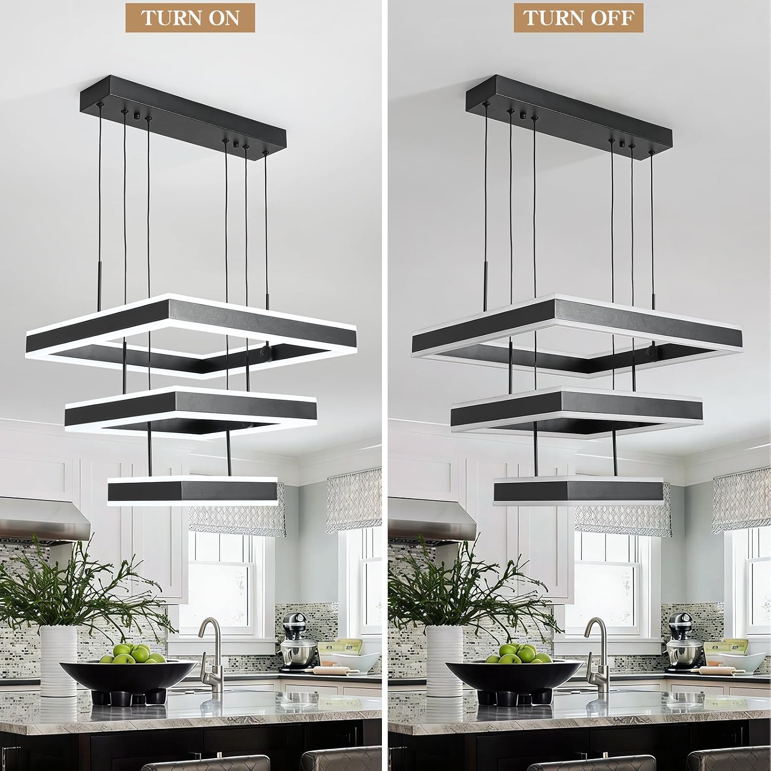 O'NEELDY LED Pendant Light Fixture, 20.47'' Modern Chandelier Square Rings Adjustable Height Black Pendant Lighting 3 Lights Kitchen Island Chandeliers for Dining Room, 6000K