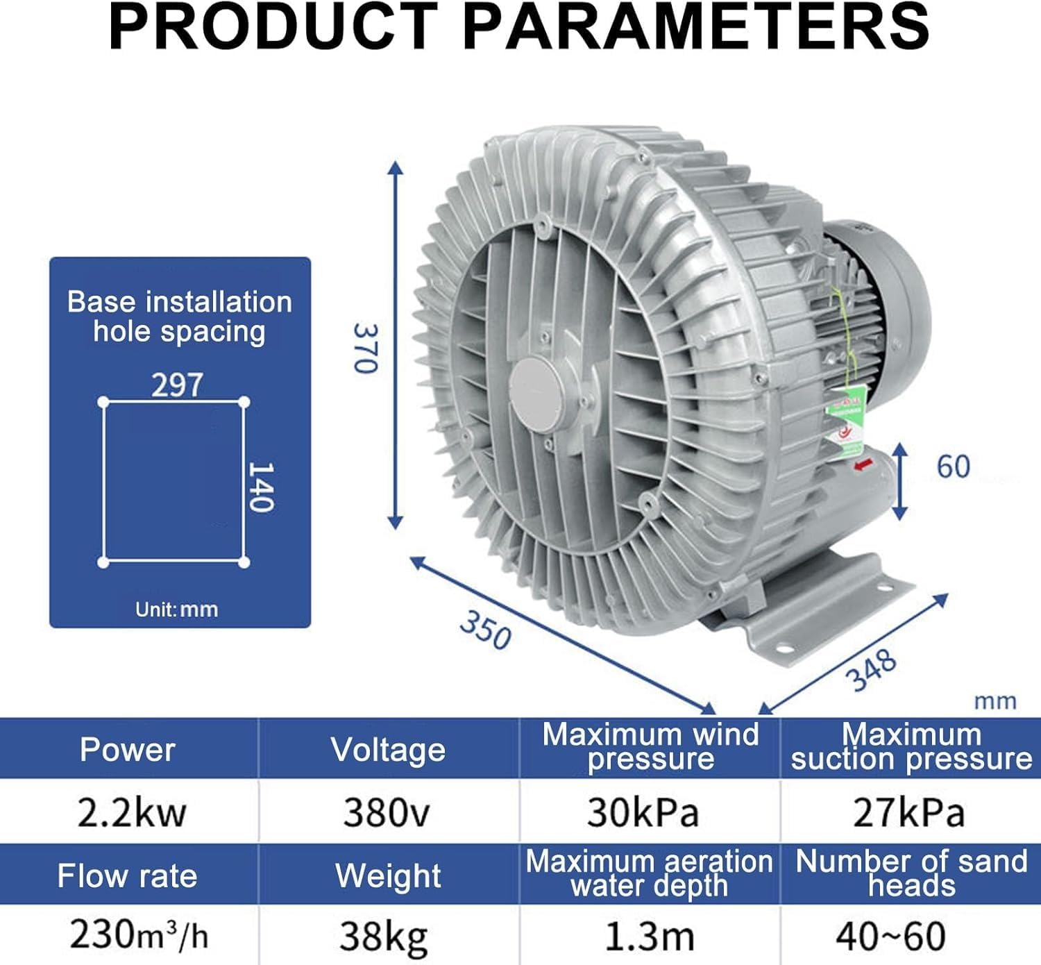 Regenerative Blower, Ring Blower for Sewage Aeration,Single/Three Phase Vortex Ring Blower, Low Noise, Industrial Vacuum Pump for Air Blowing or Suction(2.2KW/380V)
